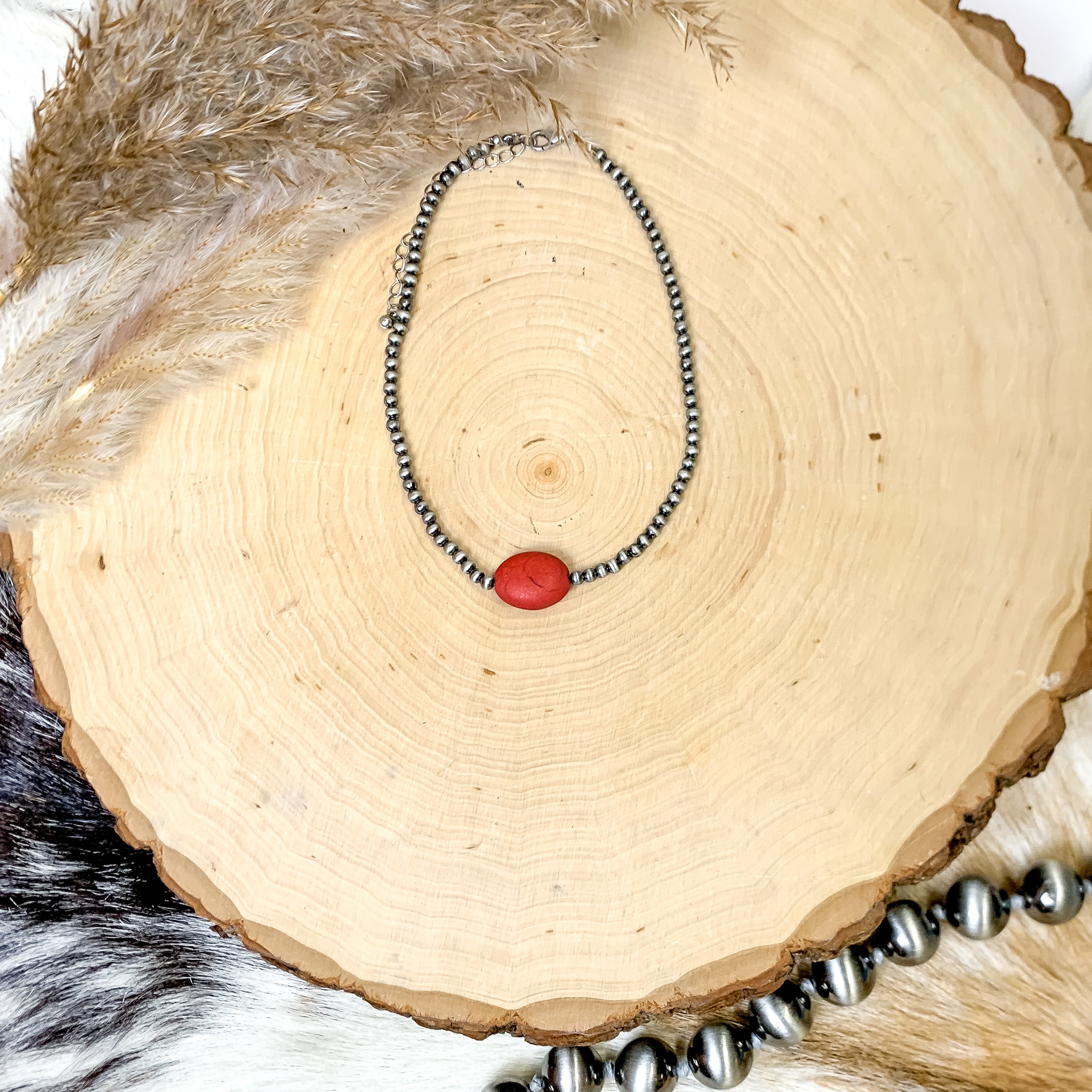 Small Faux Navajo Pearls Choker Necklace in Silver Tone with Red Oval Stone