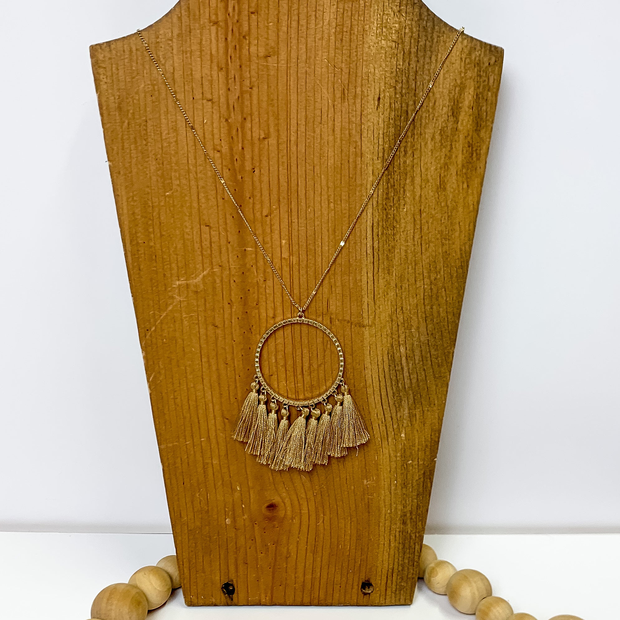 Gold Chain Open Circle Necklace with Fringe Tassels in Tan Brown