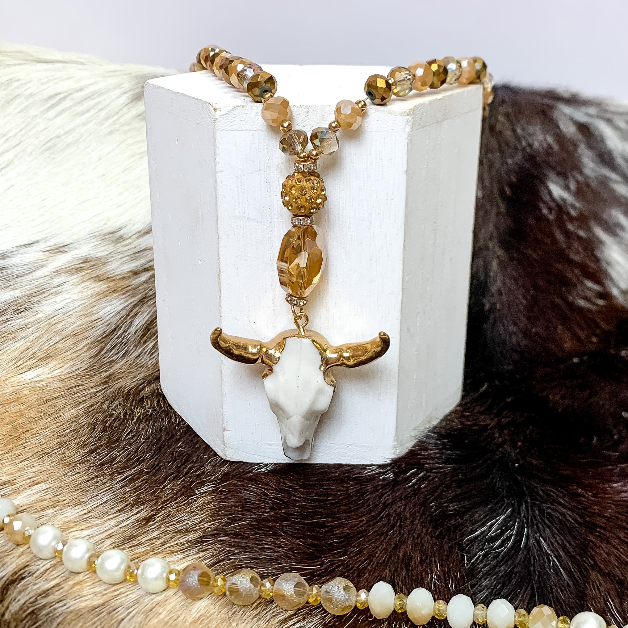 Crystal Beaded Necklace with Ivory and Gold Bull Pendant