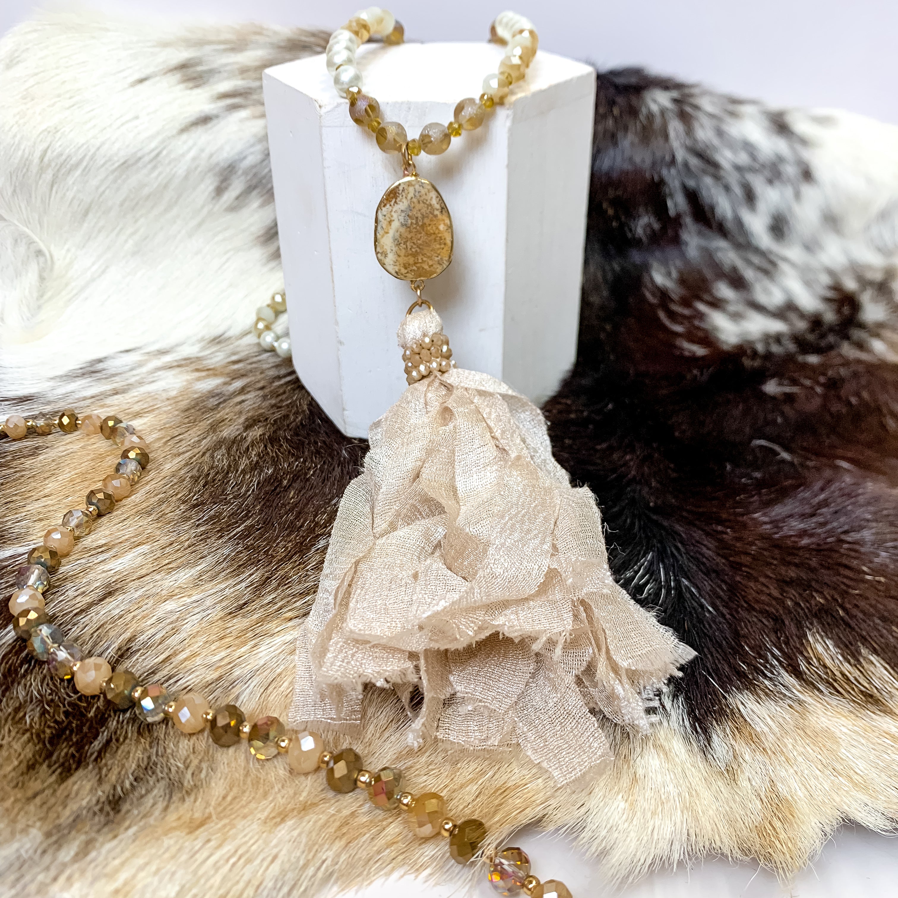 Crystal Beaded Necklace with Stone Slab Pendant and Tassel in Champagne Gold