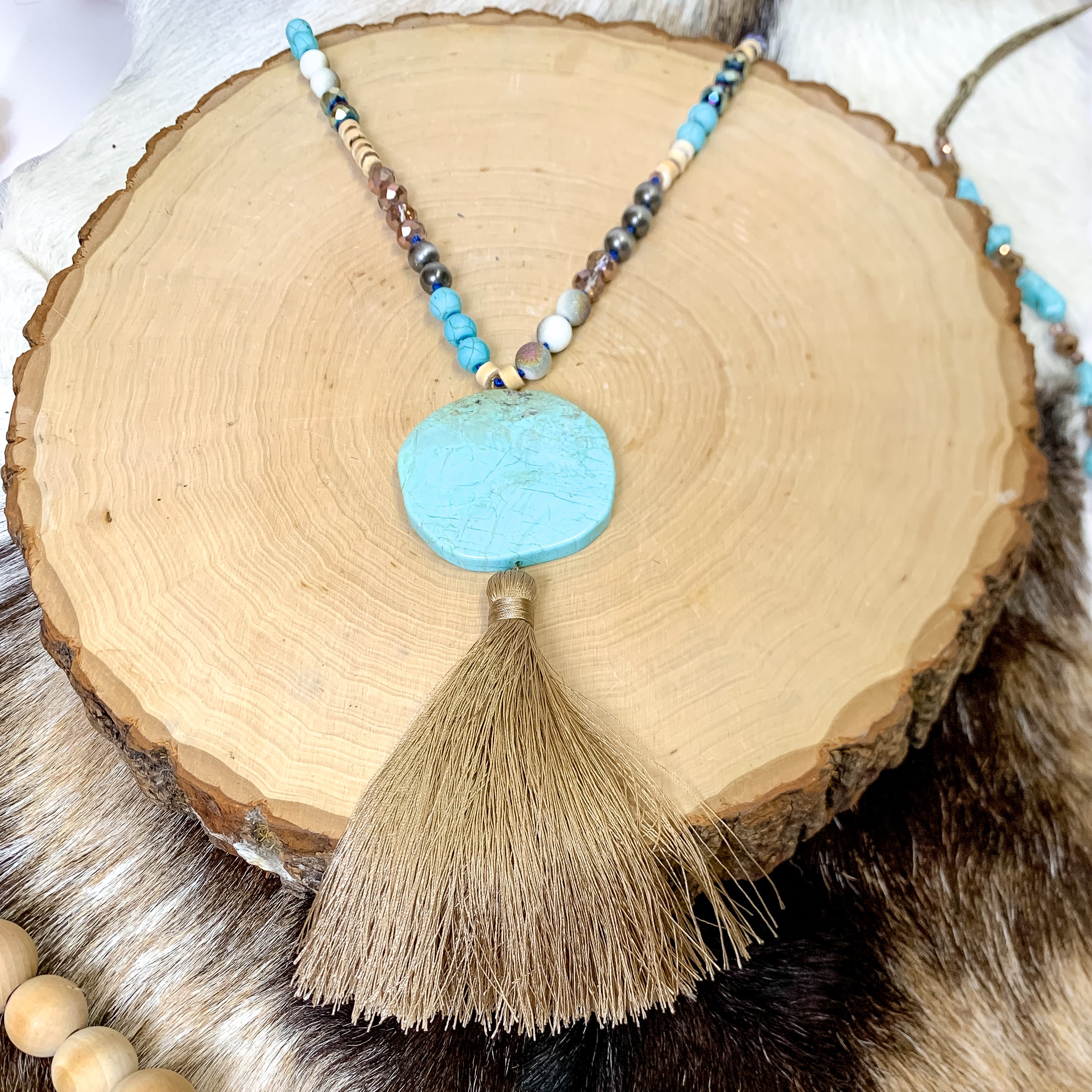 Beaded Necklace with Turquoise Slab Pendant and Tassel