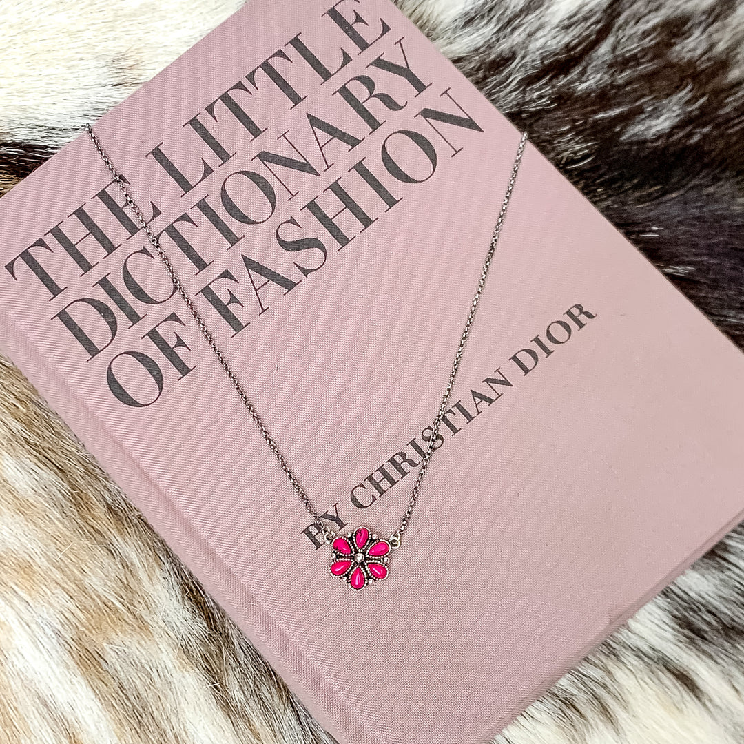 Silver Tone Chain Necklace with Flower Pendant in Pink