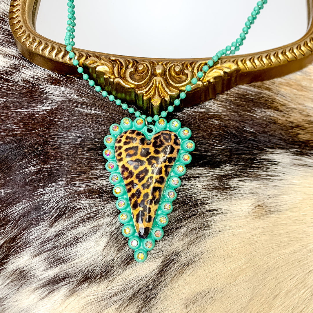 Teal Blue Beaded Necklace With Leopard Print Heart Pendant and AB Crystal Border Accents