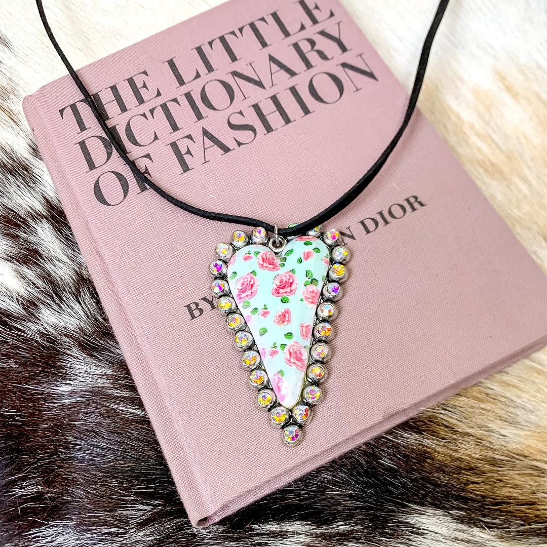 Faux Leather Necklace with Turquoise Blue Floral Heart Pendant and AB Crystal Accents