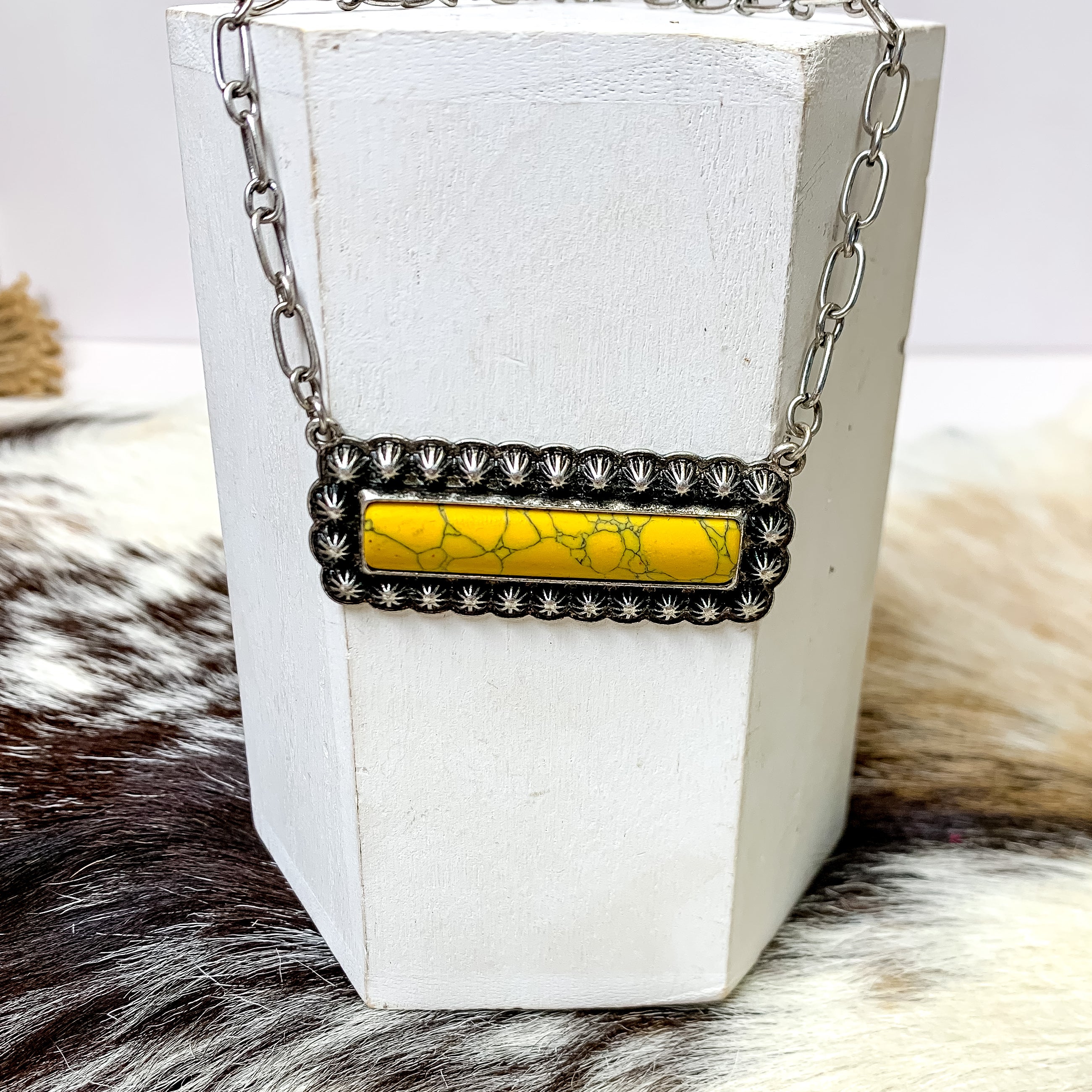 Silver Chain Necklace with Rectangle Pendant and Stone in Yellow