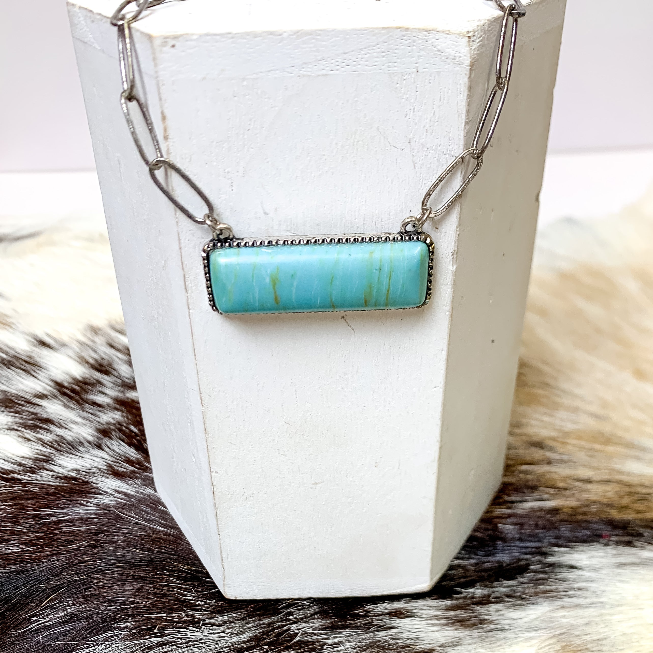 Let's Link Up Silver Tone Chain Necklace with Rectangle Agate Stone Pendant in Turquoise