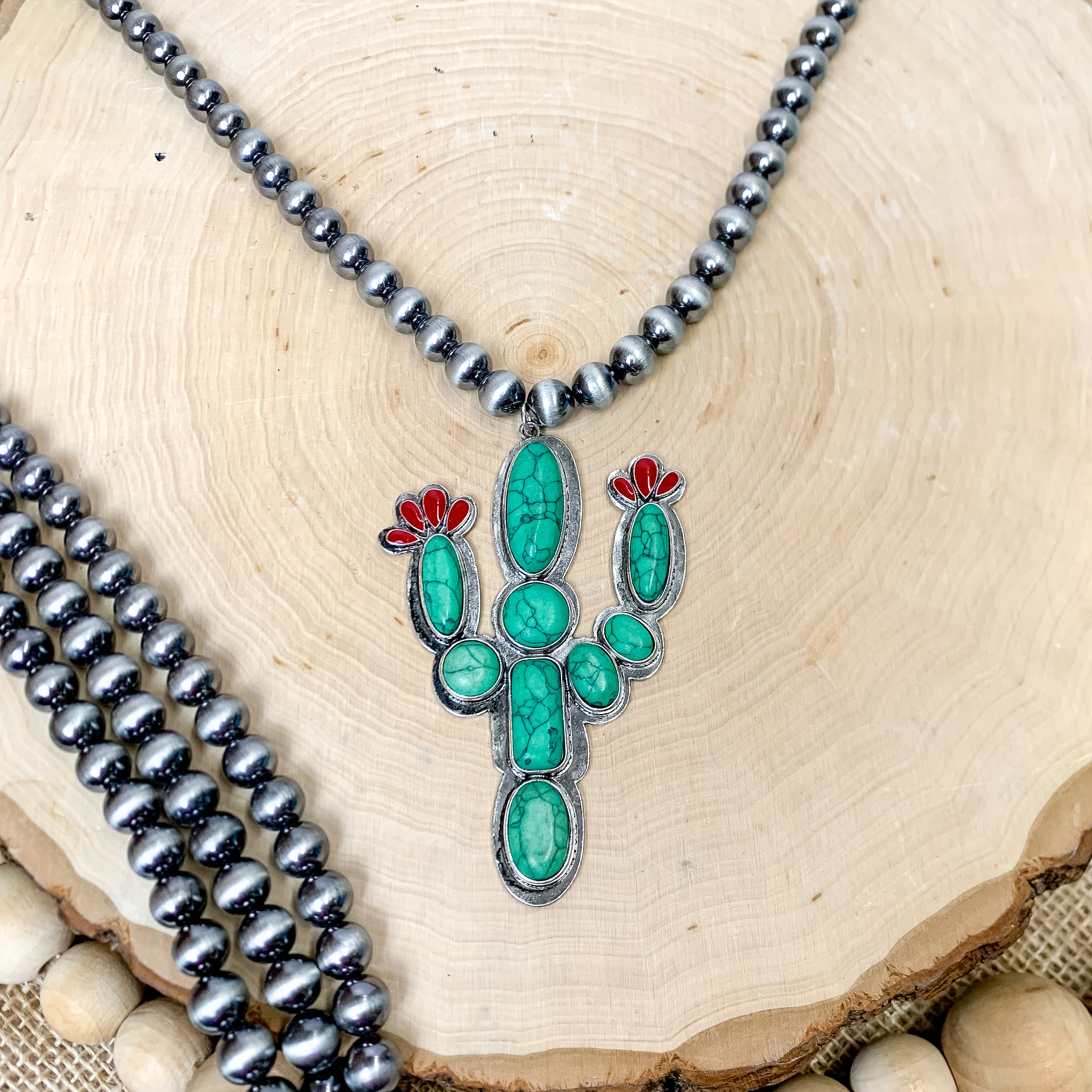 Faux Navajo Pearl Silver Tone Necklace with Stone Cactus Pendant in Green and Red