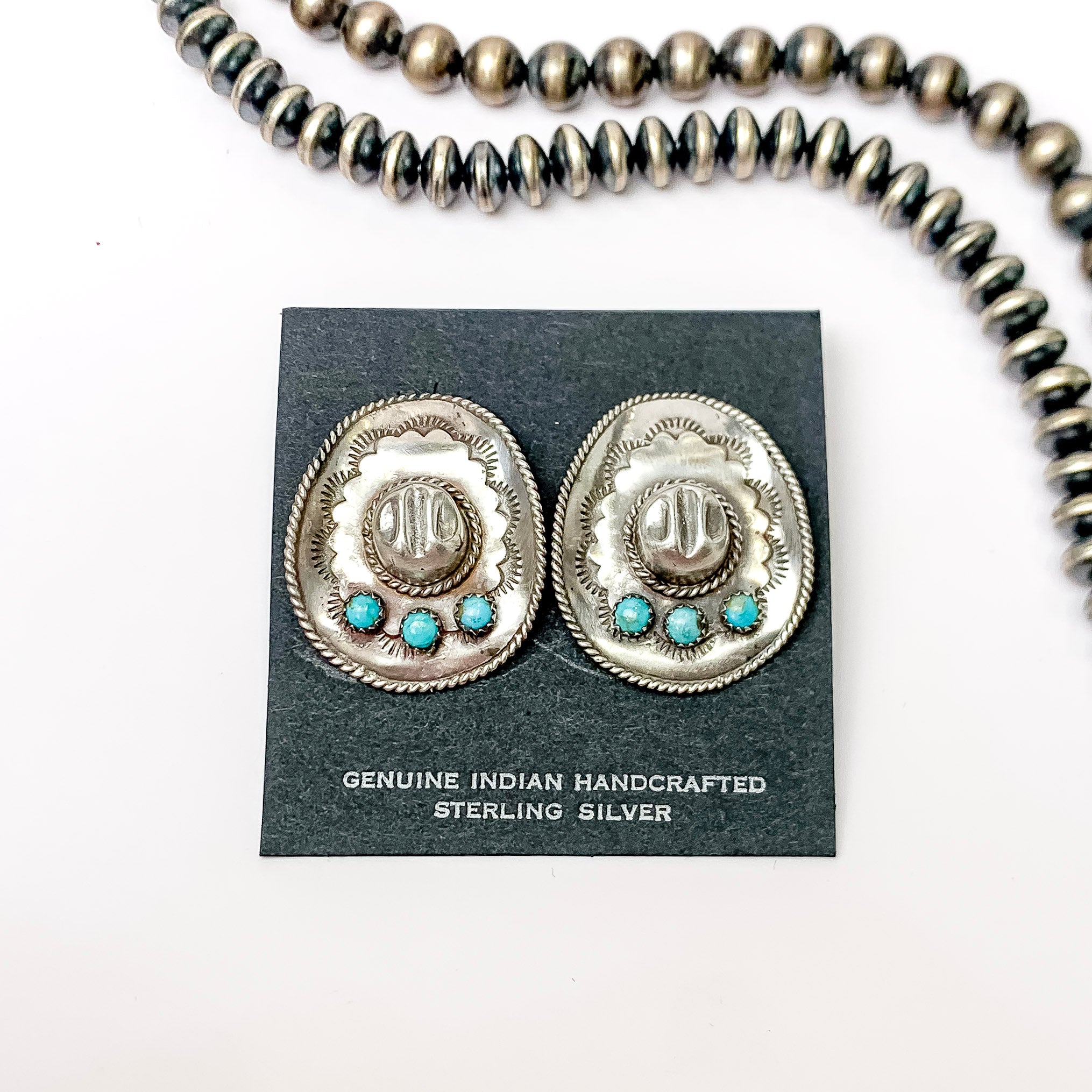 Pam Benally | Navajo Handmade Sterling Silver Cowgirl Hat Stud Earrings with Three Small Turquoise Stones - Giddy Up Glamour Boutique