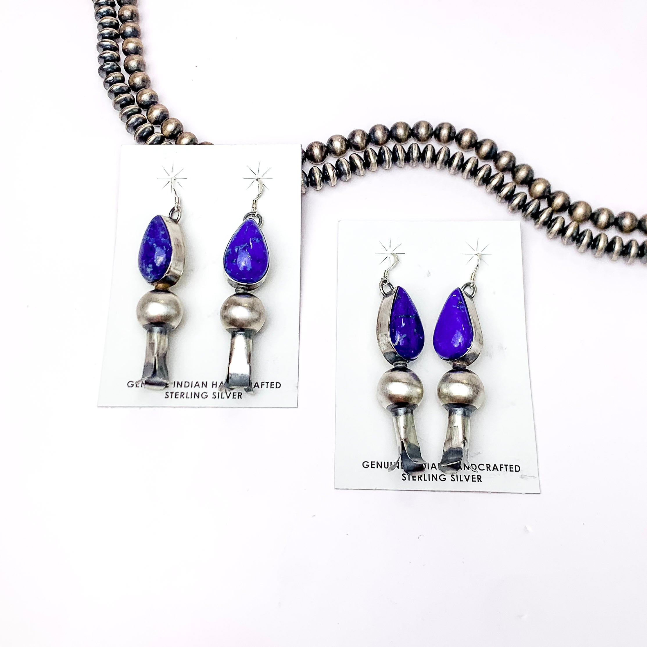 Mason Lee | Navajo Handmade Sterling Silver Dark Lapis Earrings with Squash Blossom Dangle - Giddy Up Glamour Boutique