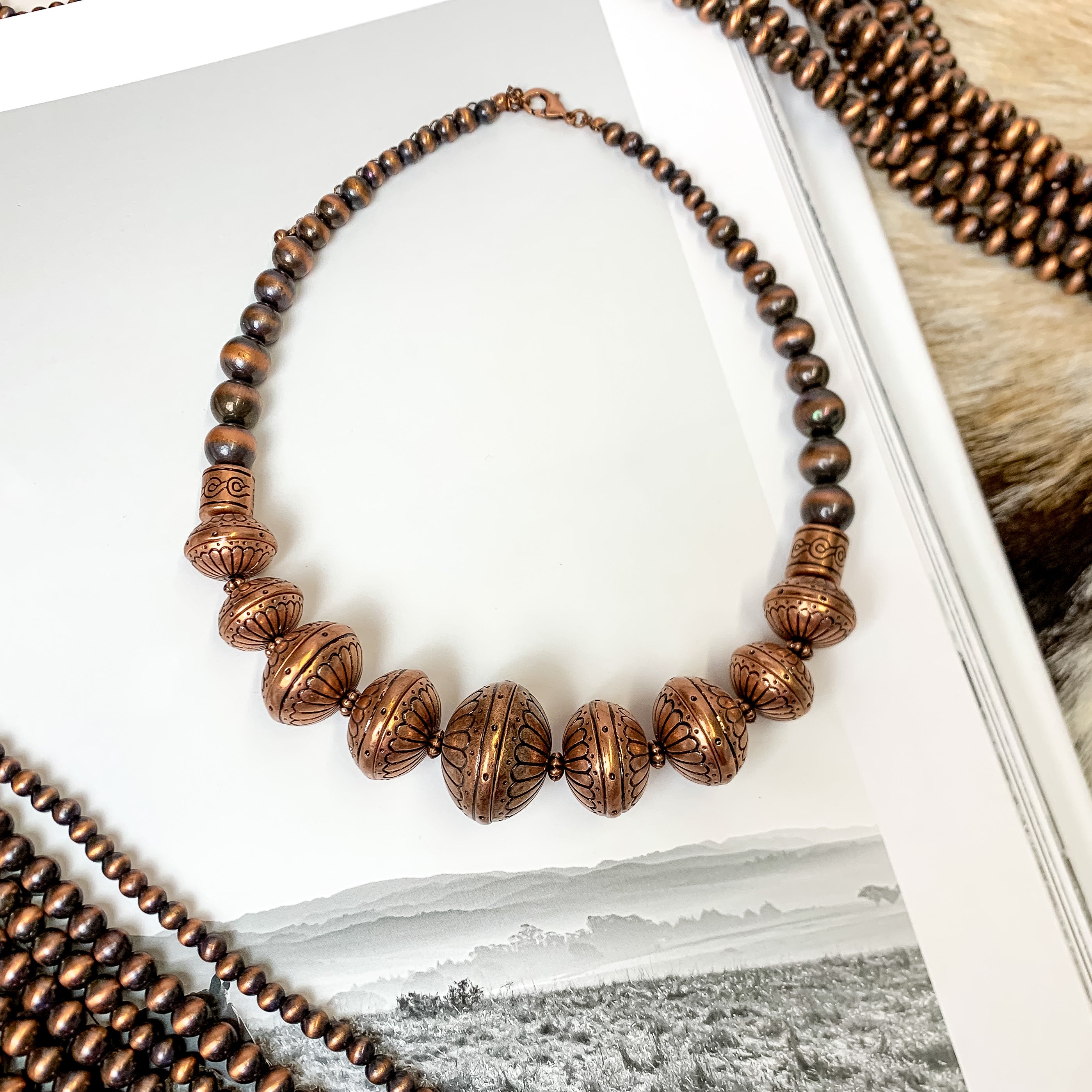 Chunky Copper Tone Stamped Faux Navajo Pearl Inspired Necklace