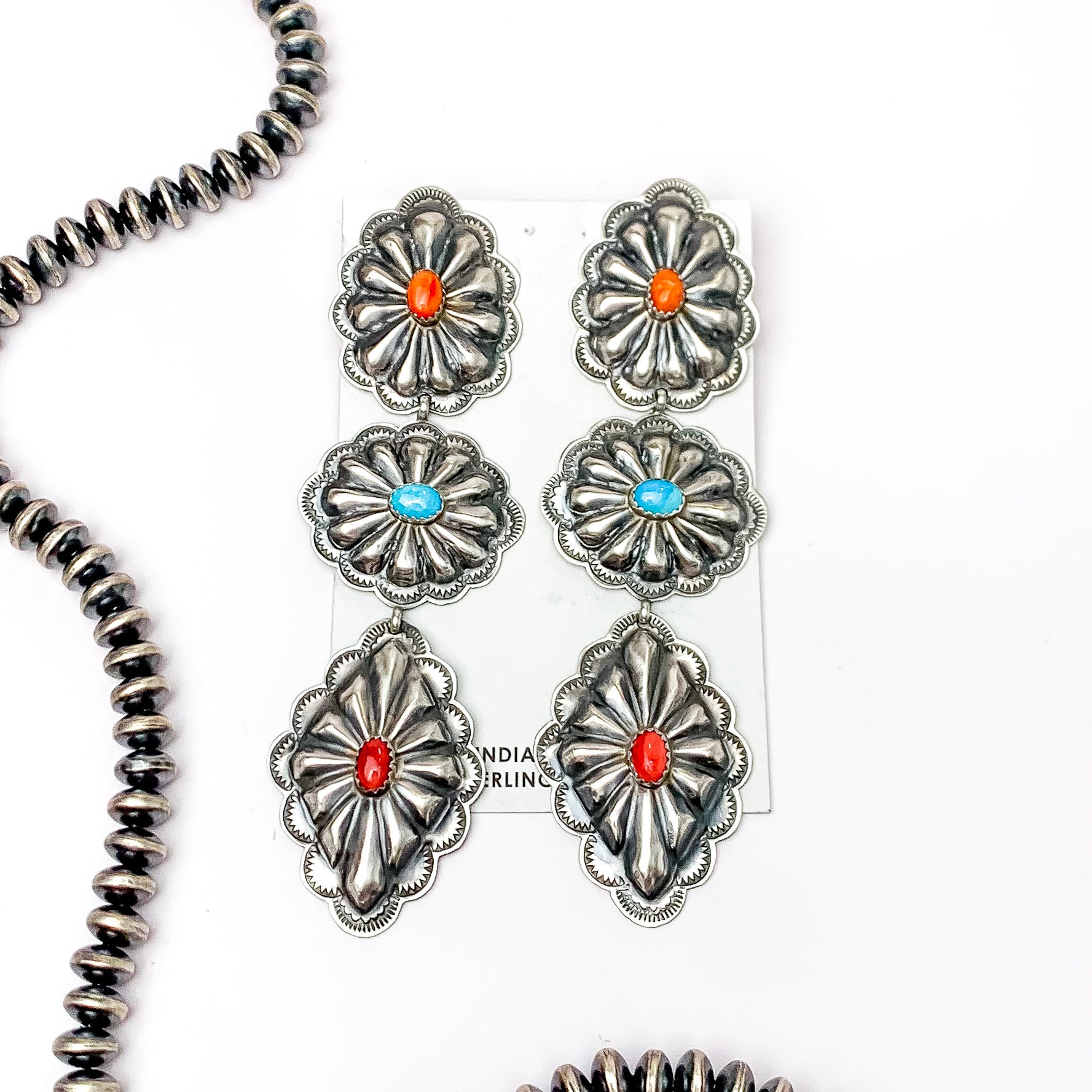 RL Begay | Navajo Handmade Sterling Silver Concho Drop Earrings with Turquoise Red, and Orange Stones - Giddy Up Glamour Boutique