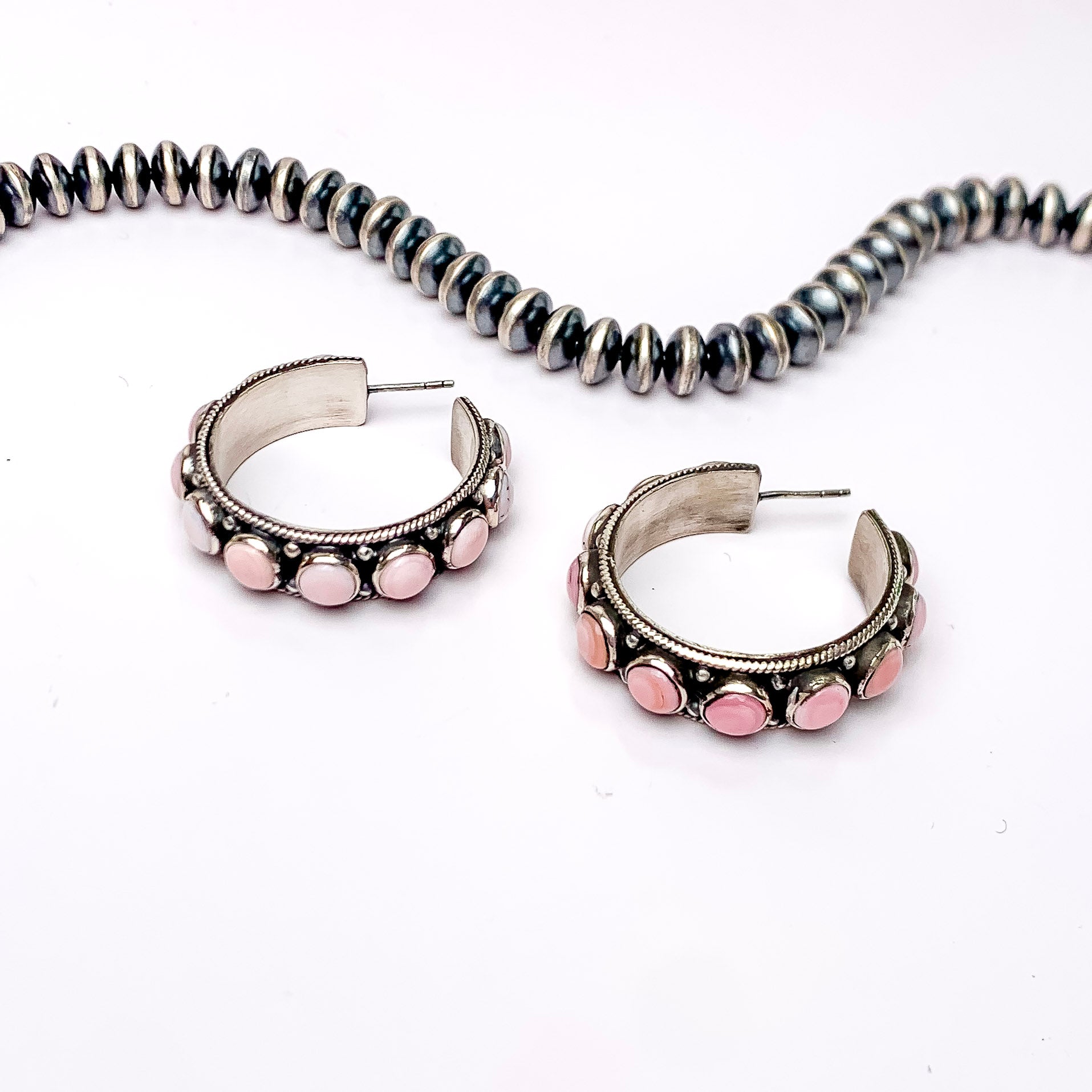 Navajo | Navajo Handmade Genuine Sterling Silver Hoops with Conch Pink Stones - Giddy Up Glamour Boutique