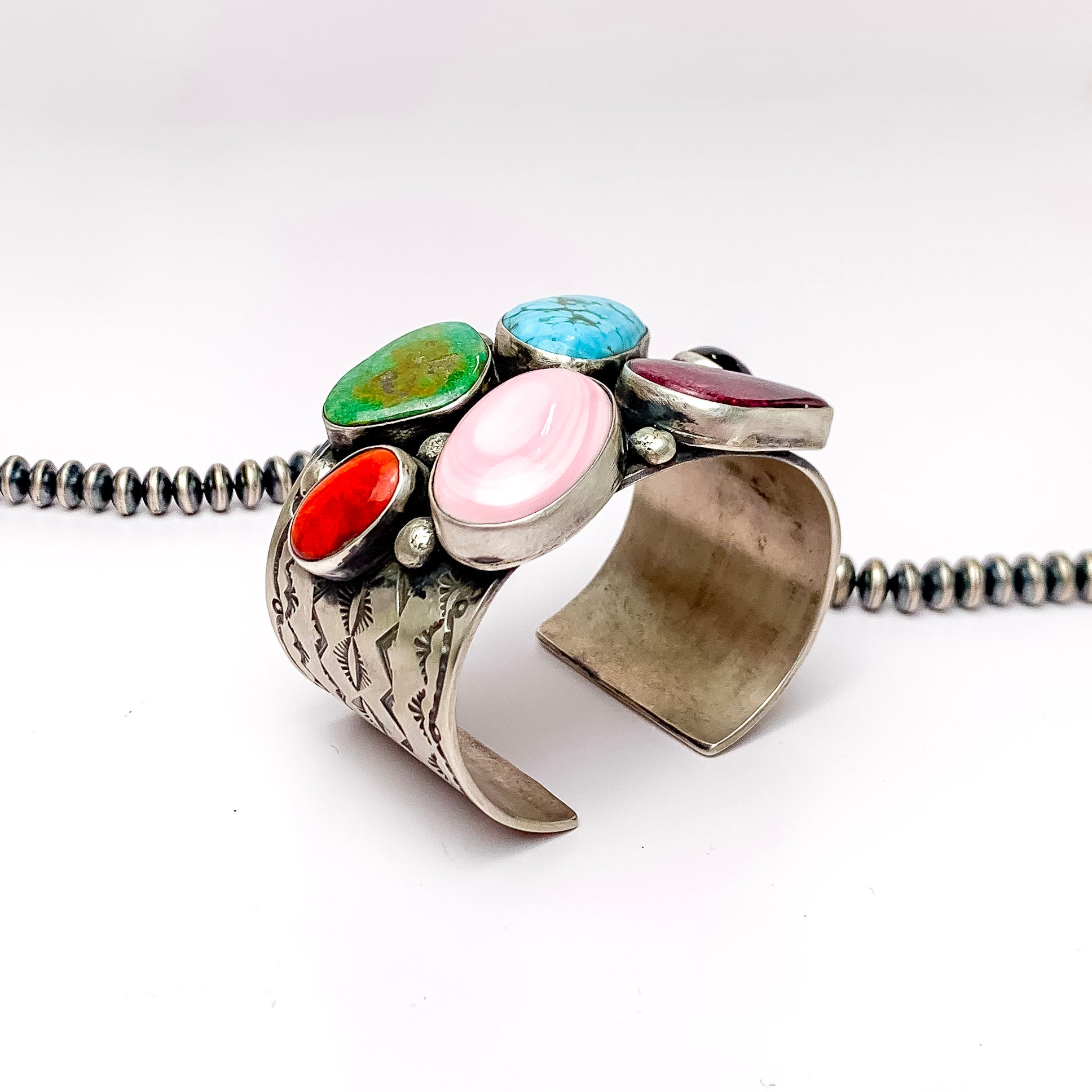 Chimney Butte | Navajo Handmade Genuine Sterling Silver and Turquoise Six Stone Cluster Cuff Bracelet - Giddy Up Glamour Boutique