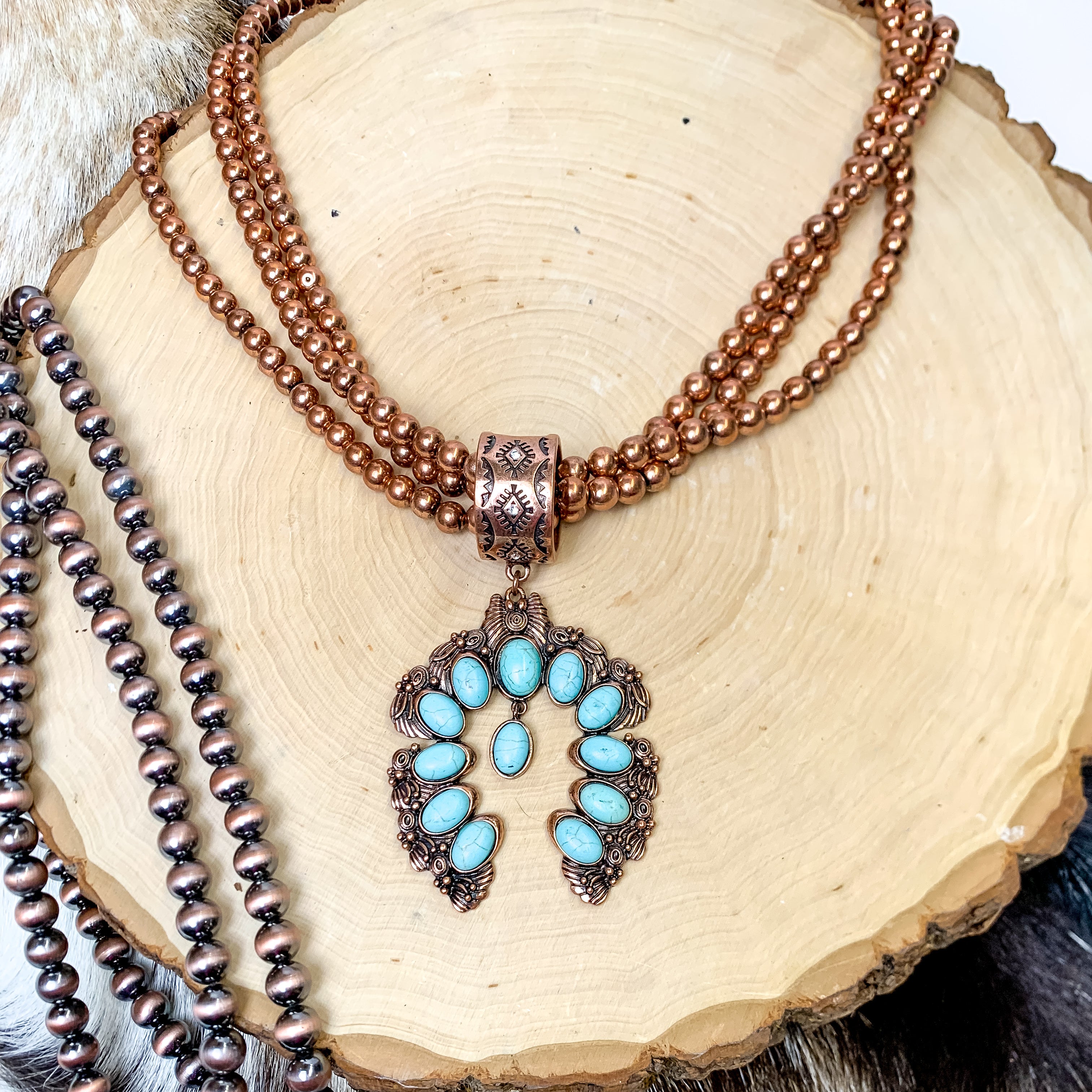 Copper Tone Beaded Necklace With Stones and Naja Pendant in Turquoise Blue - Giddy Up Glamour Boutique