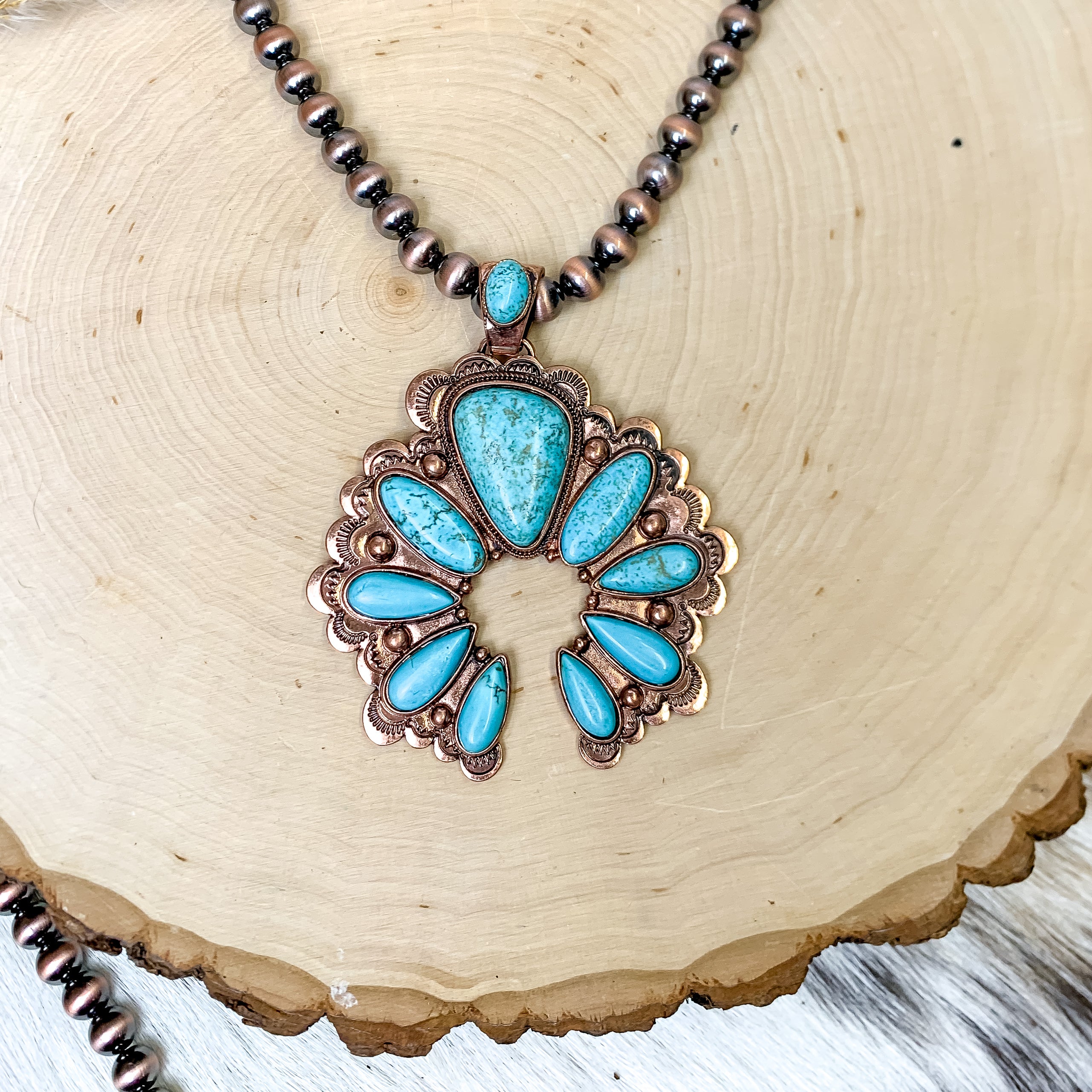 Copper Tone Faux Navajo Pearl Necklace With Stones and Naja Pendant in Turquoise Blue