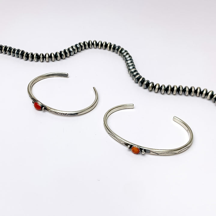 Navajo | Navajo Handmade Detailed Sterling Silver Cuff with Center Red Coral Stone - Giddy Up Glamour Boutique