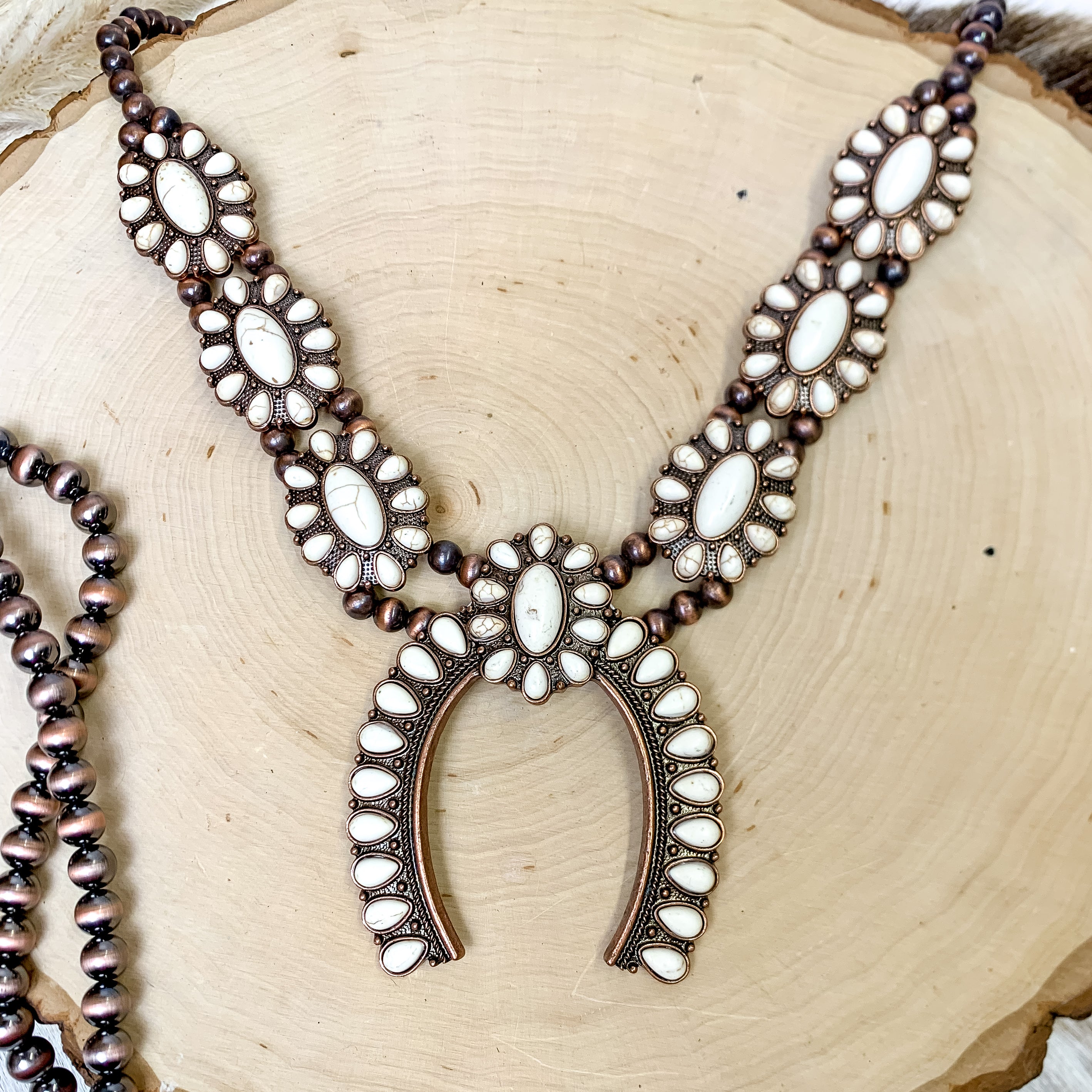Copper Tone Faux Navajo Pearl Necklace With Stones and Naja Pendant in Ivory