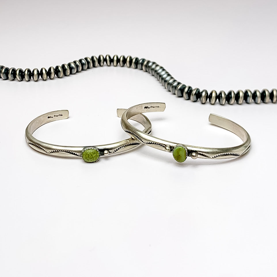 Tahe | Navajo Handmade Detailed Sterling Silver Cuff with Center Turquoise Stone - Giddy Up Glamour Boutique