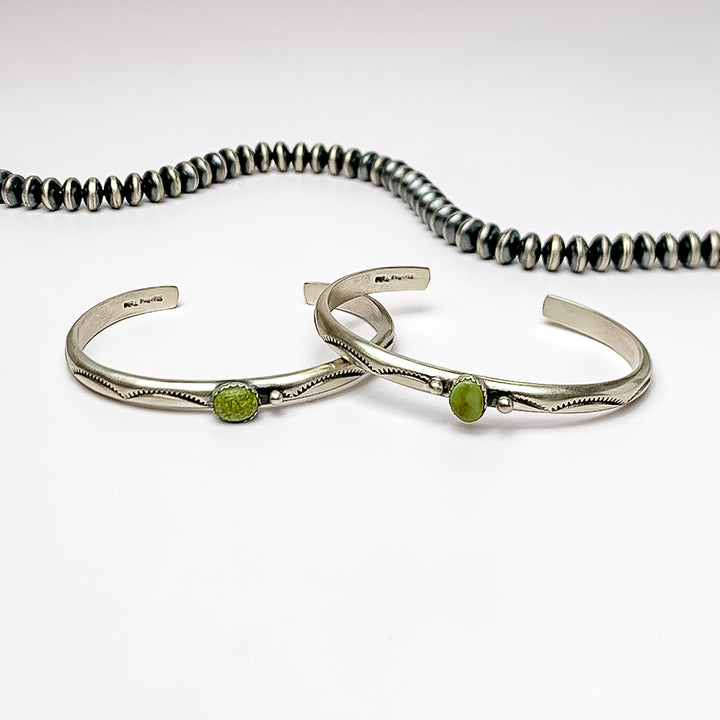 Tahe | Navajo Handmade Detailed Sterling Silver Cuff with Center Turquoise Stone - Giddy Up Glamour Boutique