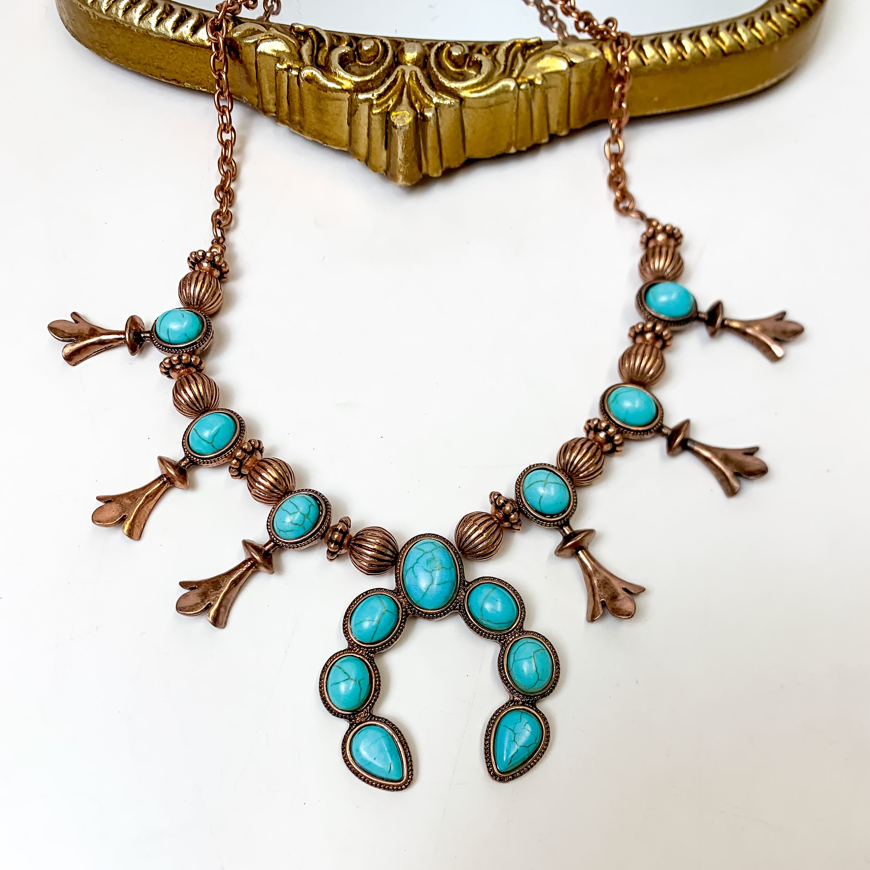Copper Tone Squash Blossom Necklace with Naja Pendant in Turquoise Blue - Giddy Up Glamour Boutique