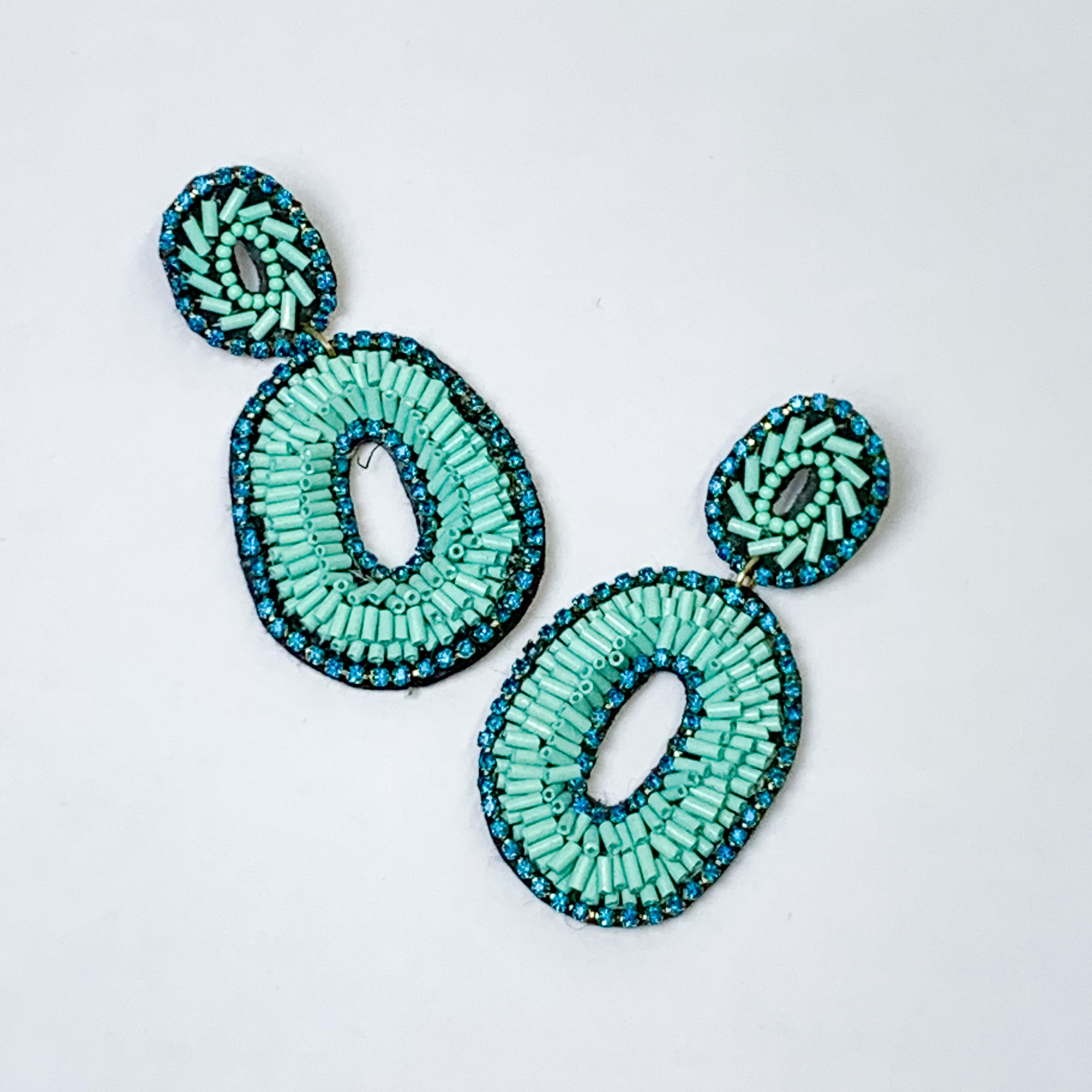 Bugle Bead Oval Earrings in Turquoise Blue - Giddy Up Glamour Boutique