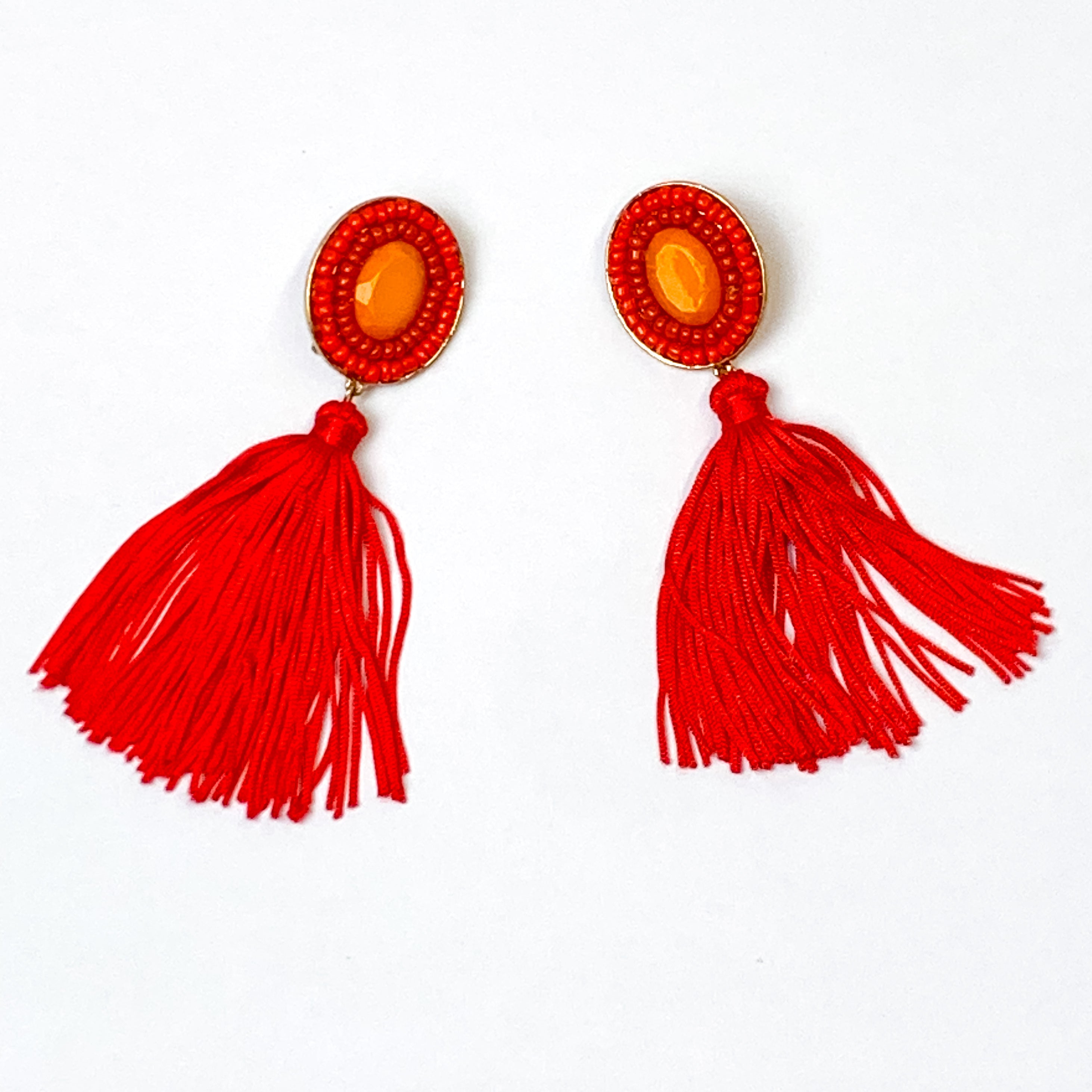 Gold Tone Oval Post Tassel Drop Earrings in Red and Orange - Giddy Up Glamour Boutique