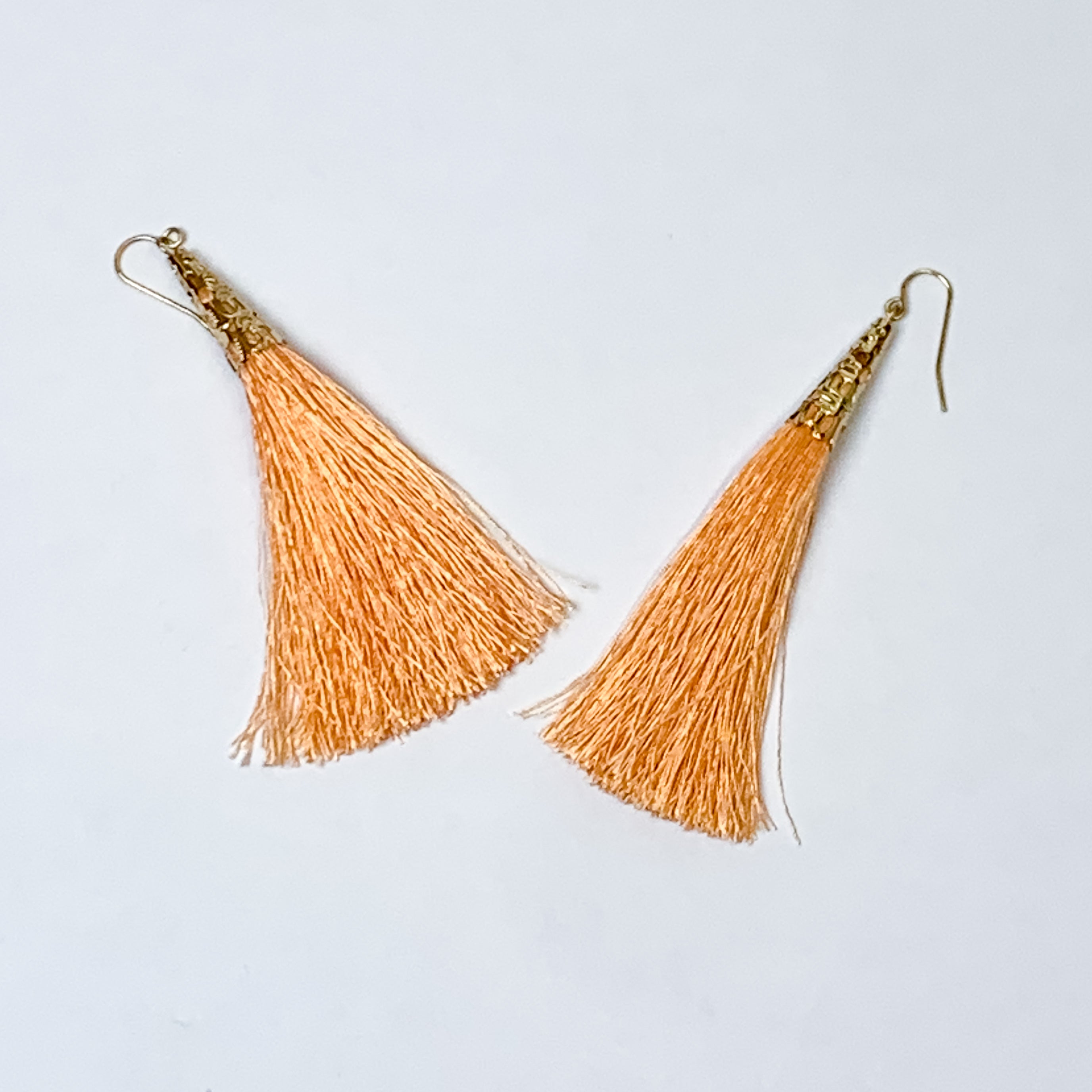 Gold Tone Filigree Cap Drop Tassel Earrings in Coral Orange - Giddy Up Glamour Boutique