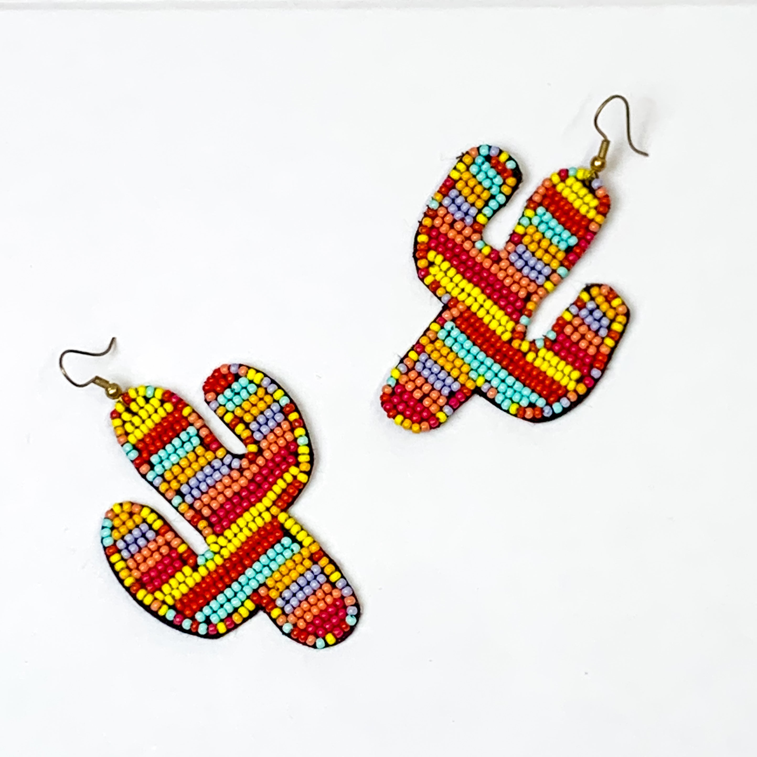 Seed Bead Cactus Statement Earrings in Red Multi - Giddy Up Glamour Boutique