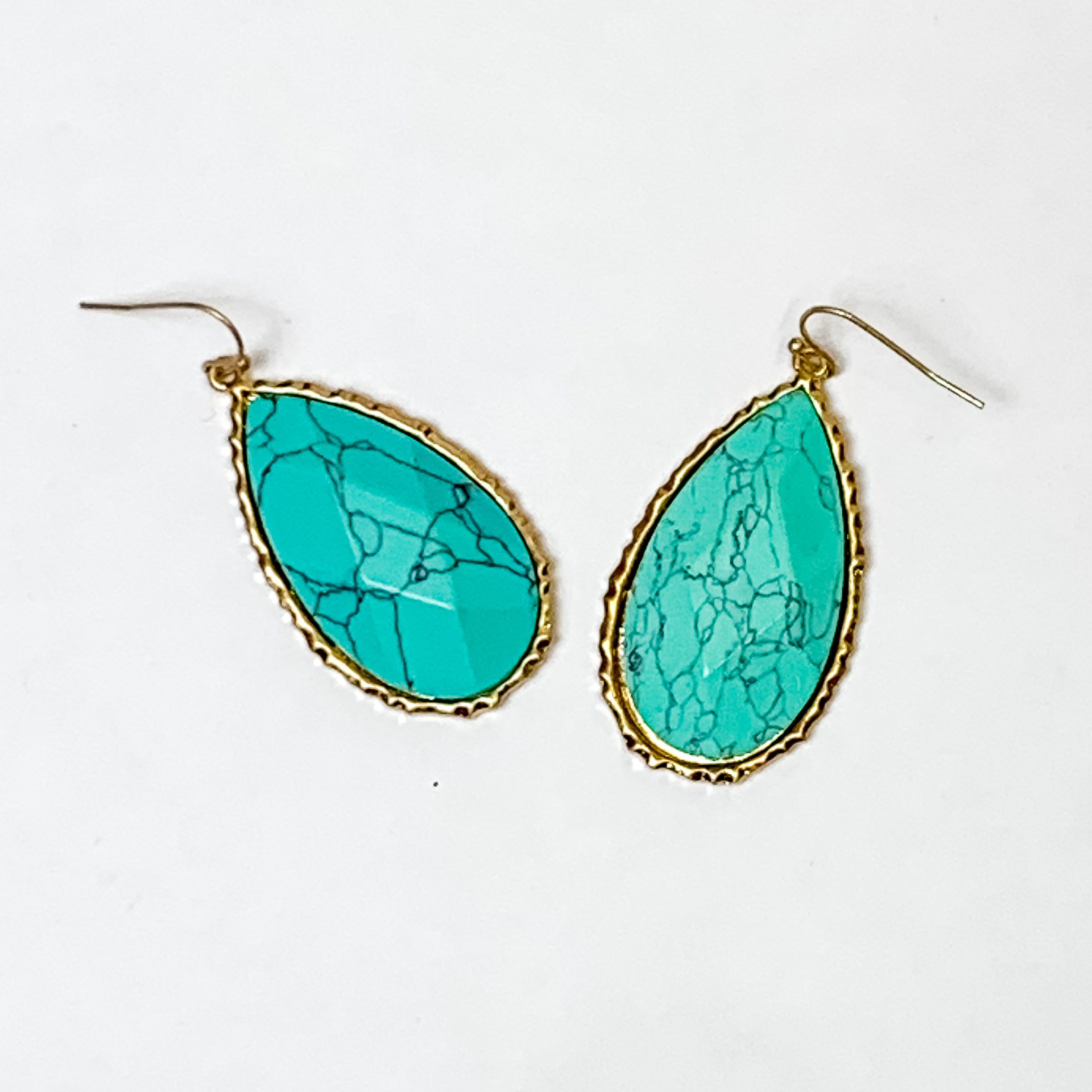 Gold Tone Teardrop Faux Stone Earrings in Turquoise - Giddy Up Glamour Boutique