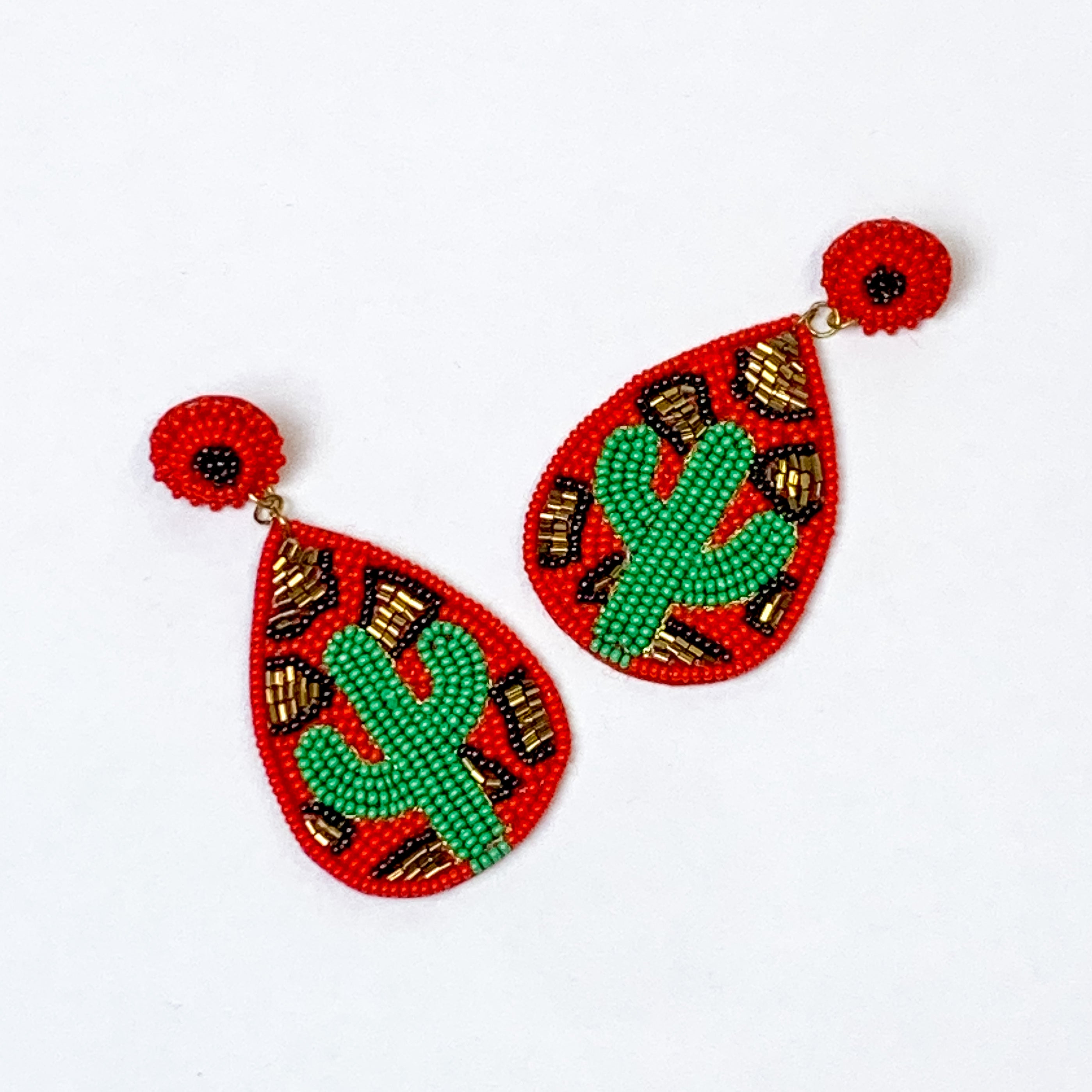 Cactus and Leopard Print Seed Bead Teardrop Earrings In Red and Green - Giddy Up Glamour Boutique