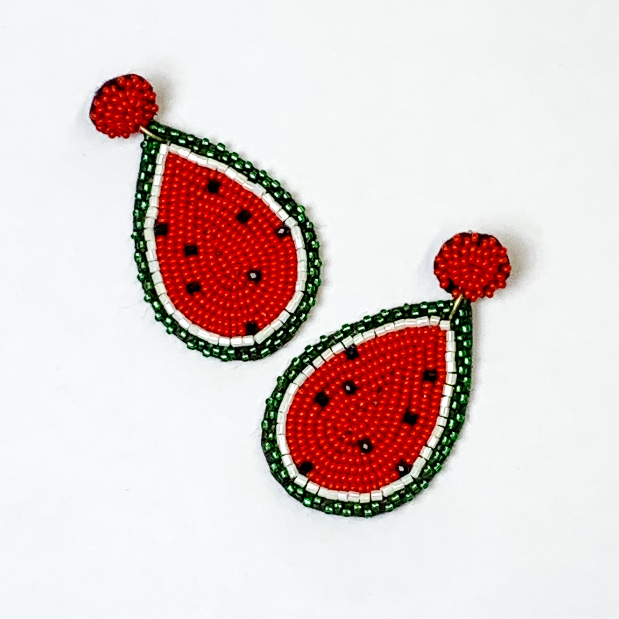 Beaded Watermelon Teardrop Earrings in Red and Green - Giddy Up Glamour Boutique