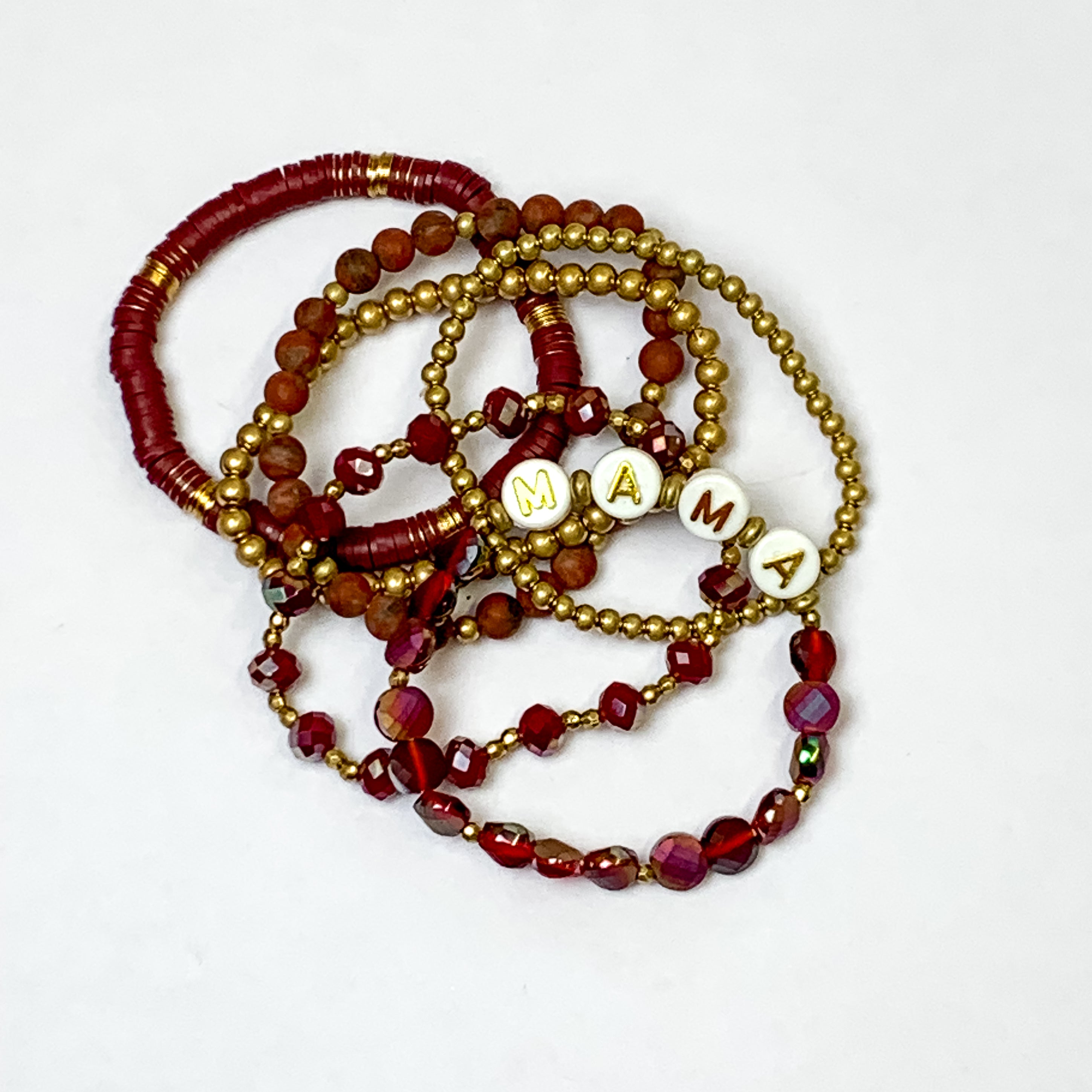 MAMA Disk Beaded Bracelet Set in Maroon and Gold - Giddy Up Glamour Boutique