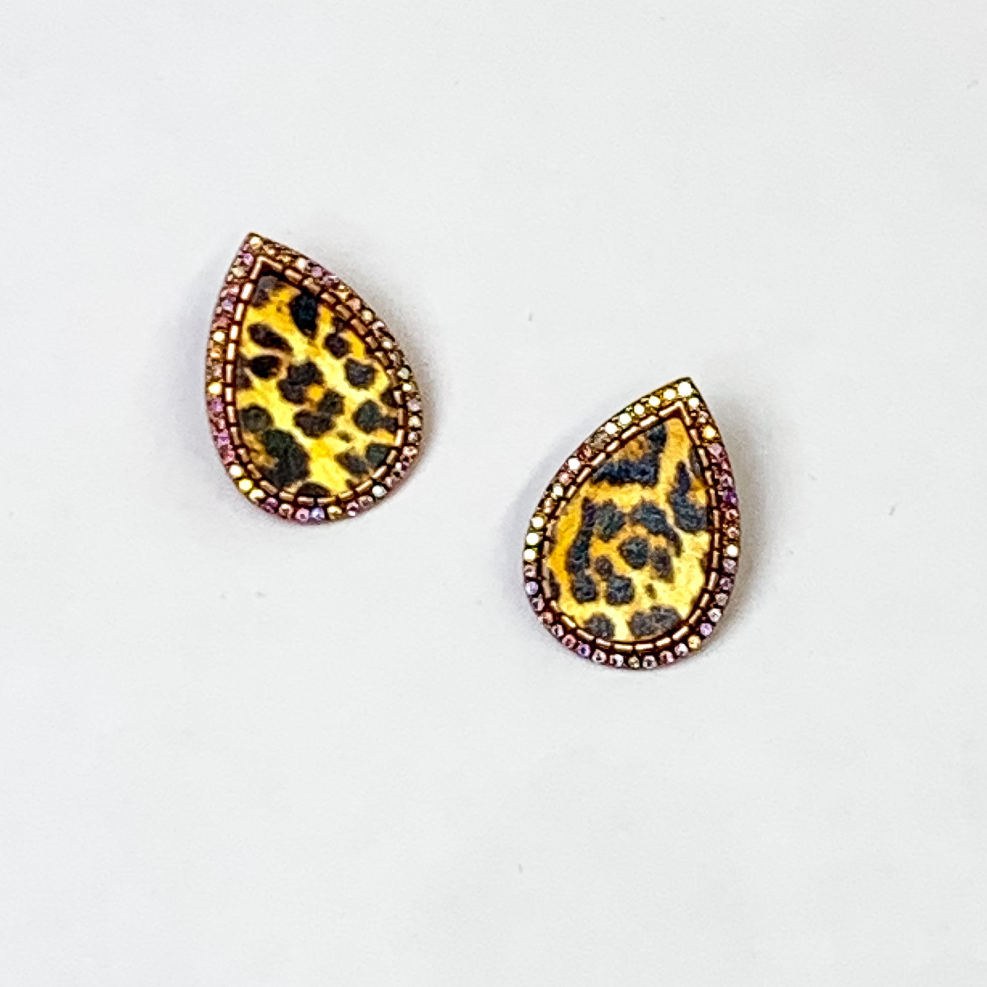 Teardrop Leopard Print Studs in Copper with Multi Crystals - Giddy Up Glamour Boutique