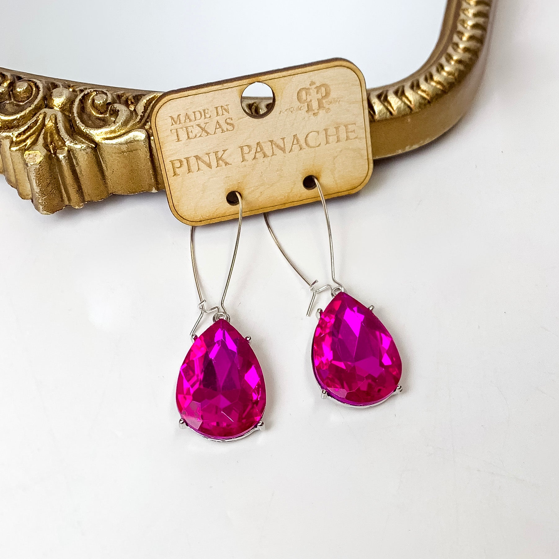 Pink Panache | Silver Tone Kidney Wire Crystal Teardrop Earrings in Fuchsia Pink - Giddy Up Glamour Boutique