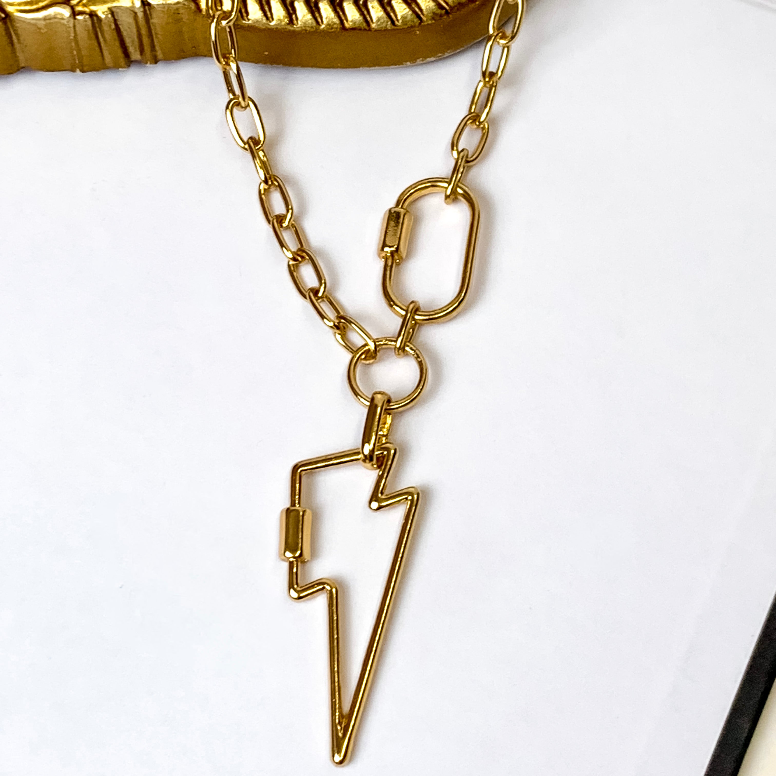 Gold Chain Carabiner Necklace with Lightning Bolt Pendant - Giddy Up Glamour Boutique