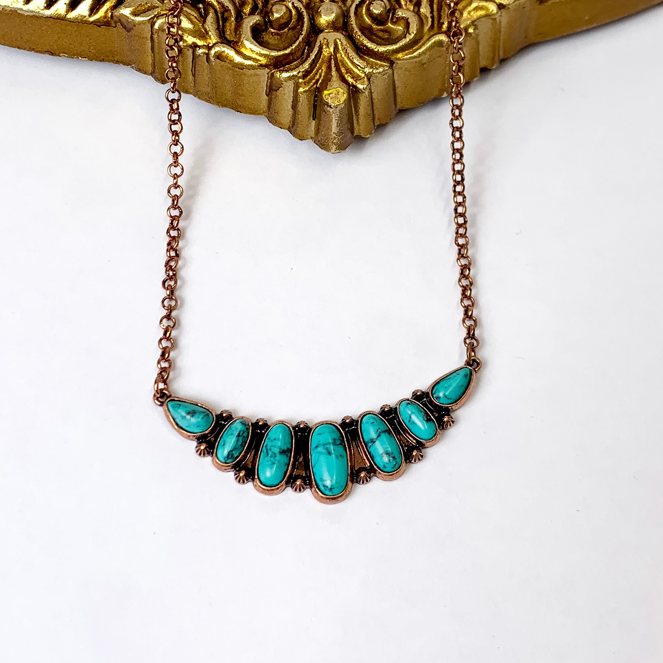 Copper Tone Chain Necklace with Faux Turquoise Stone Pendant - Giddy Up Glamour Boutique