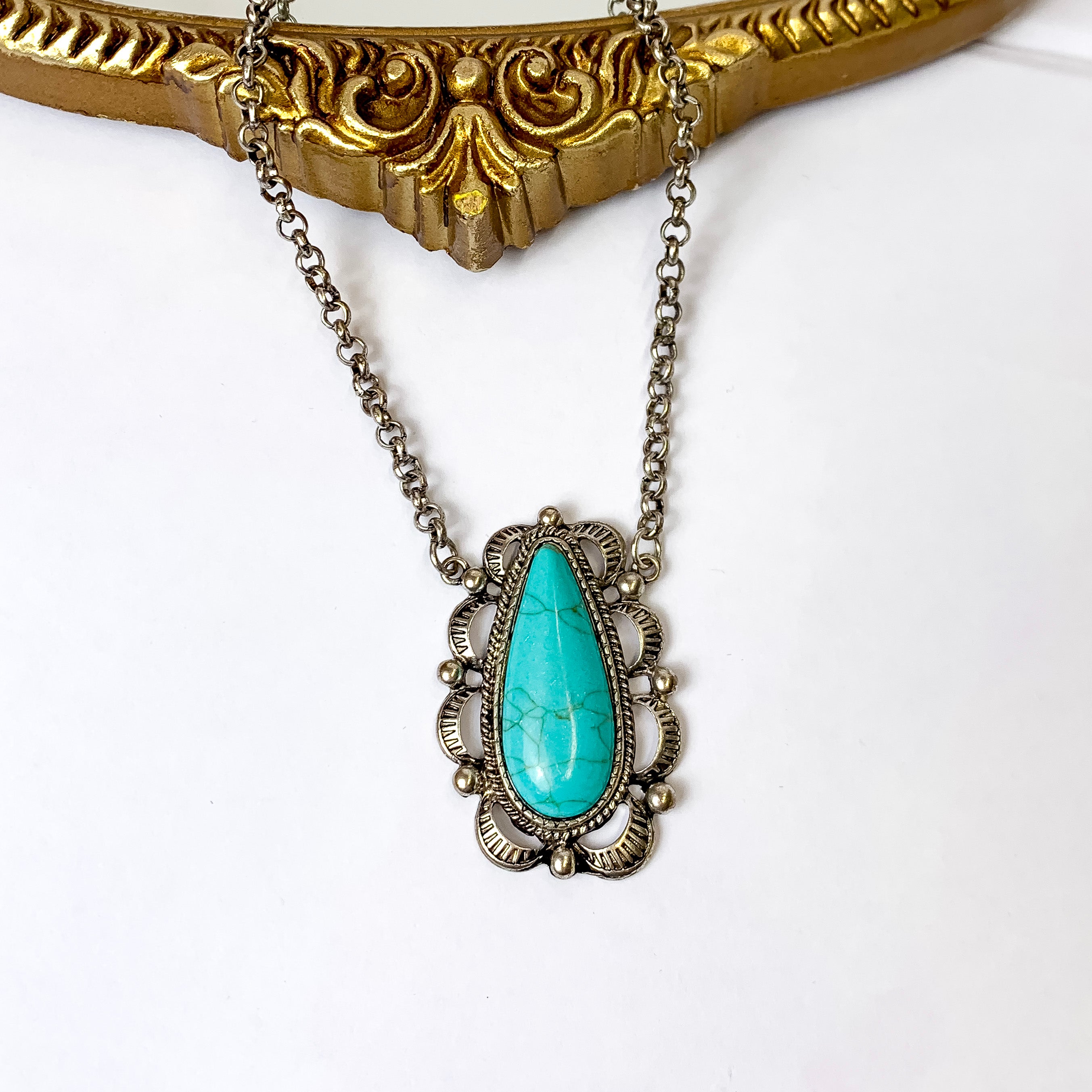 Western Silver Tone Chain Necklace with Ornate Teardrop Pendant in Turquoise - Giddy Up Glamour Boutique