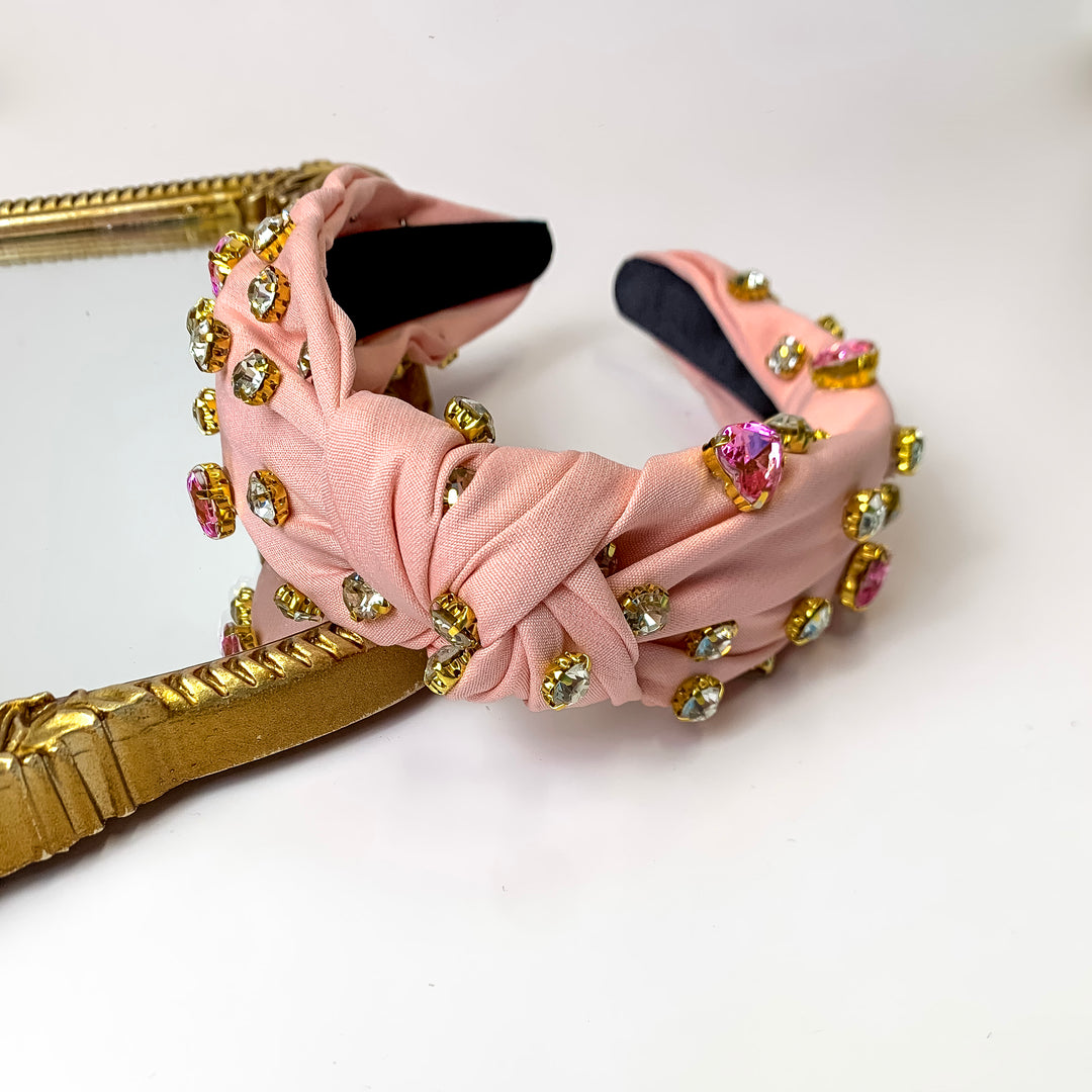 Heart Shaped and Round Crystal Detailed Knot Headband in Pink - Giddy Up Glamour Boutique