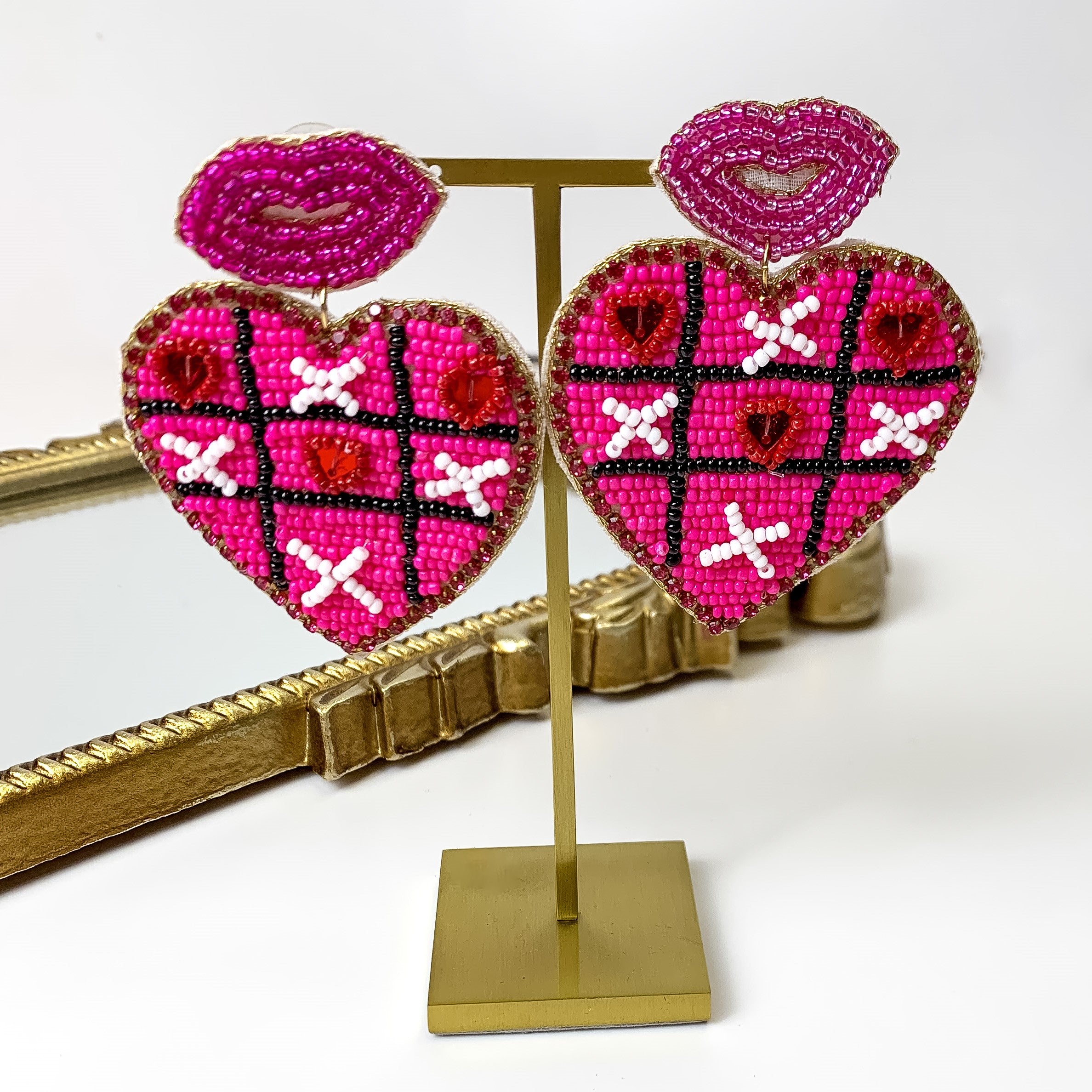 Beaded Heart Shaped Tic Tac Toe Earrings in Fuchsia Pink - Giddy Up Glamour Boutique