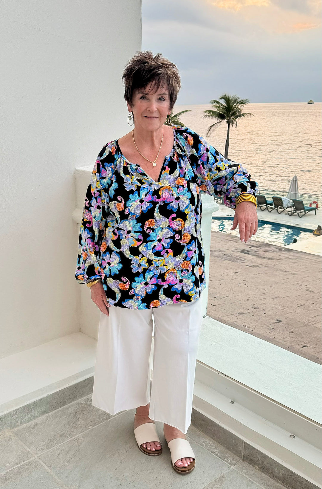 Seriously Sweet Floral Print Top with Notched Neckline in Black