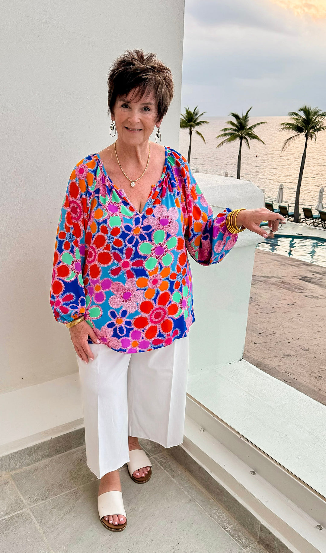 Seriously Sweet Floral Print Top with Notched Neckline in Blue