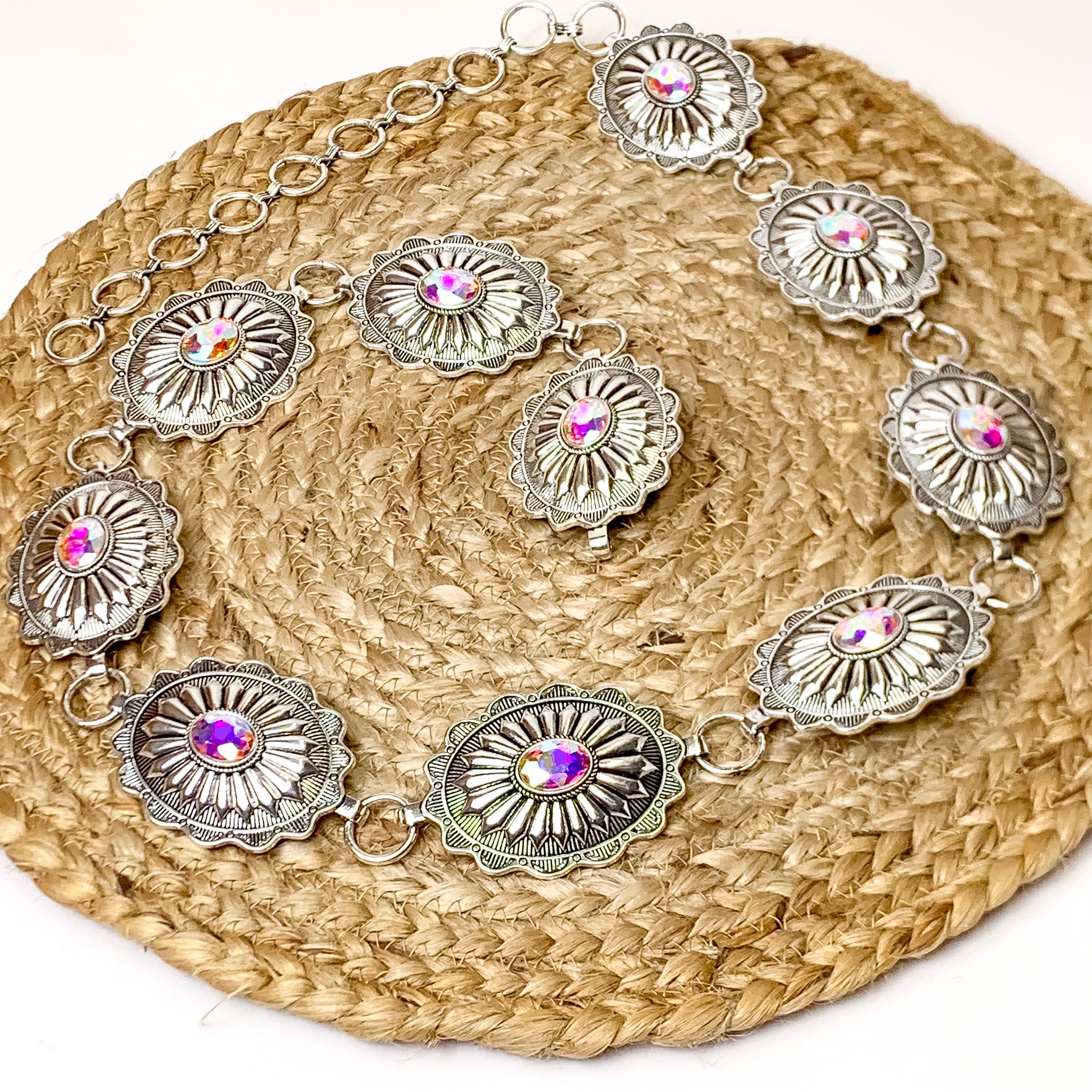 Silver Concho Chain Belt with Center AB Stones - Giddy Up Glamour Boutique