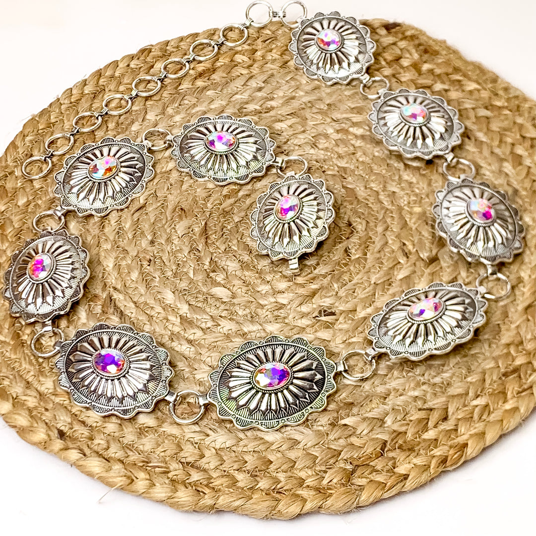 Silver Concho Chain Belt with Center AB Stones - Giddy Up Glamour Boutique