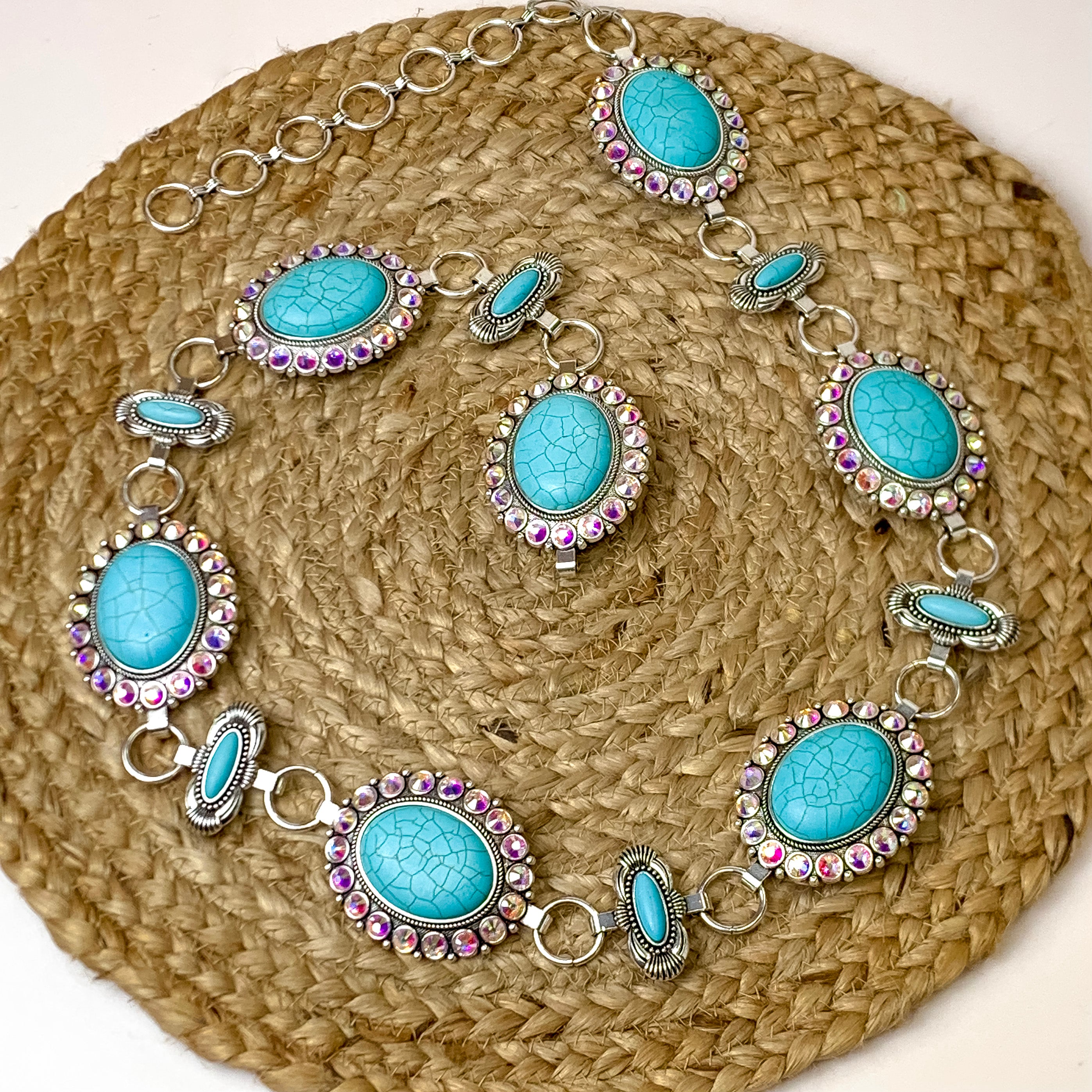 Silver Faux Turquoise Concho with AB crystal Border Chain Link Belt - Giddy Up Glamour Boutique
