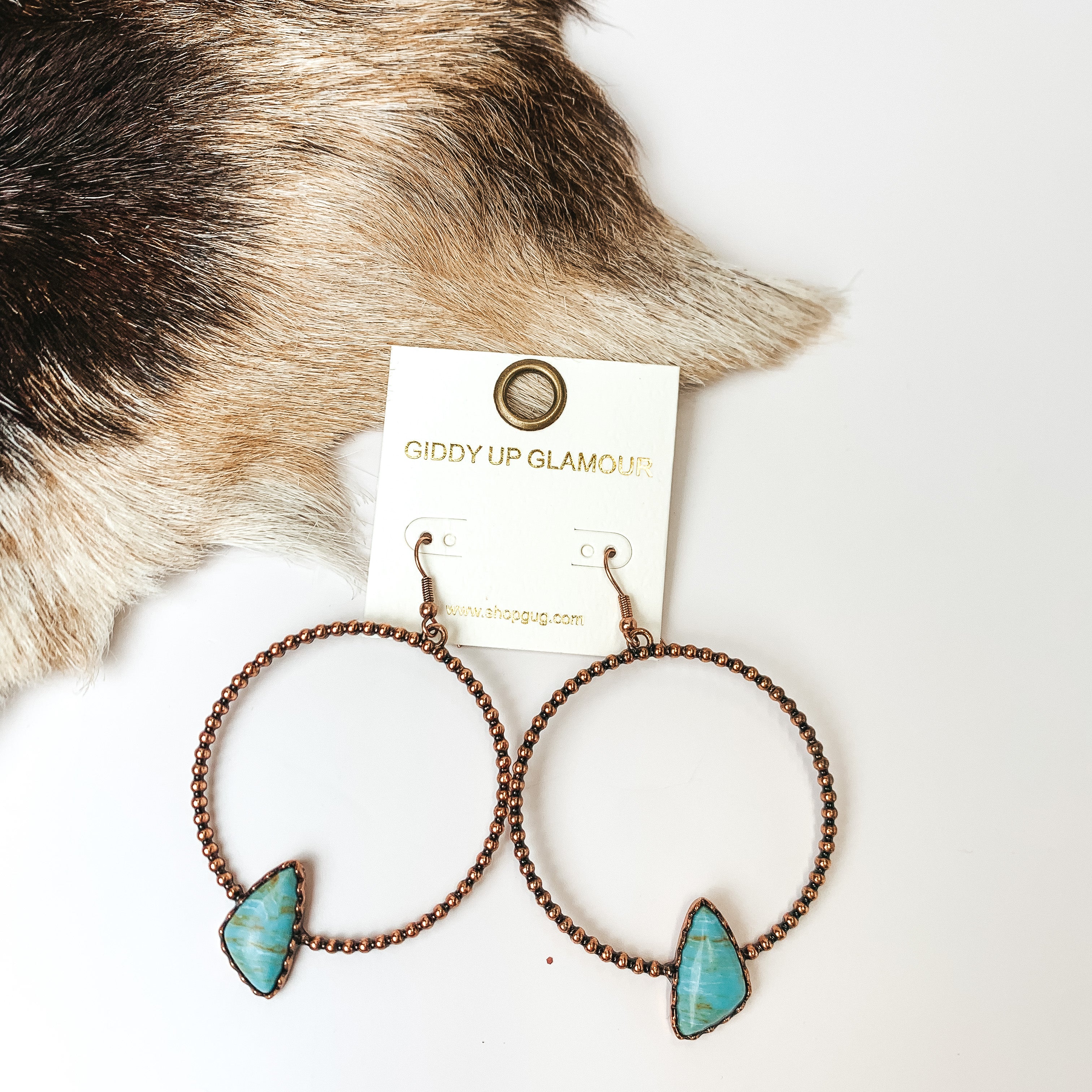 Copper Tone Textured Hoop Earrings with Turquoise Blue Stone - Giddy Up Glamour Boutique