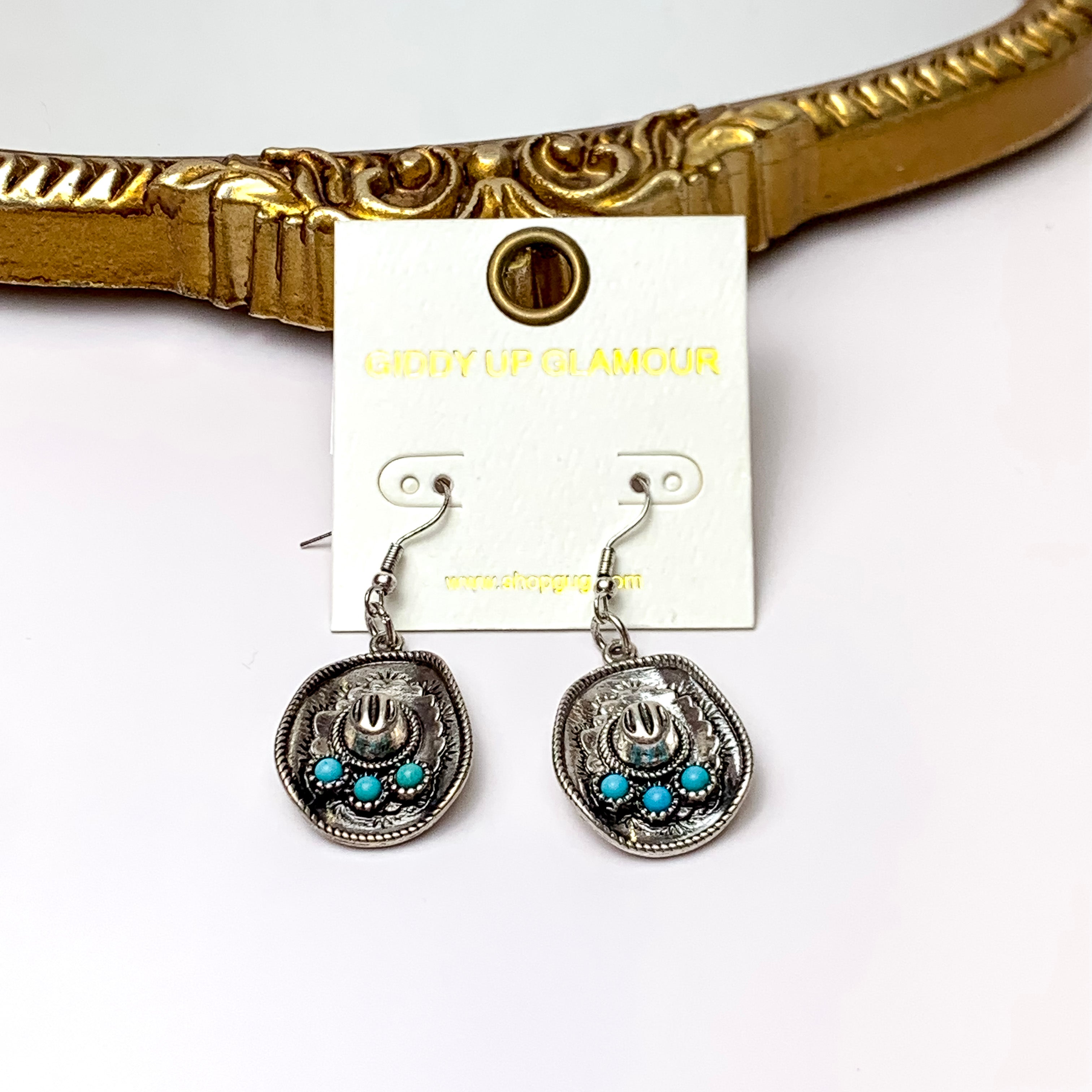 Cowboy Hat Earrings in Silver Tone and Turquoise Blue - Giddy Up Glamour Boutique