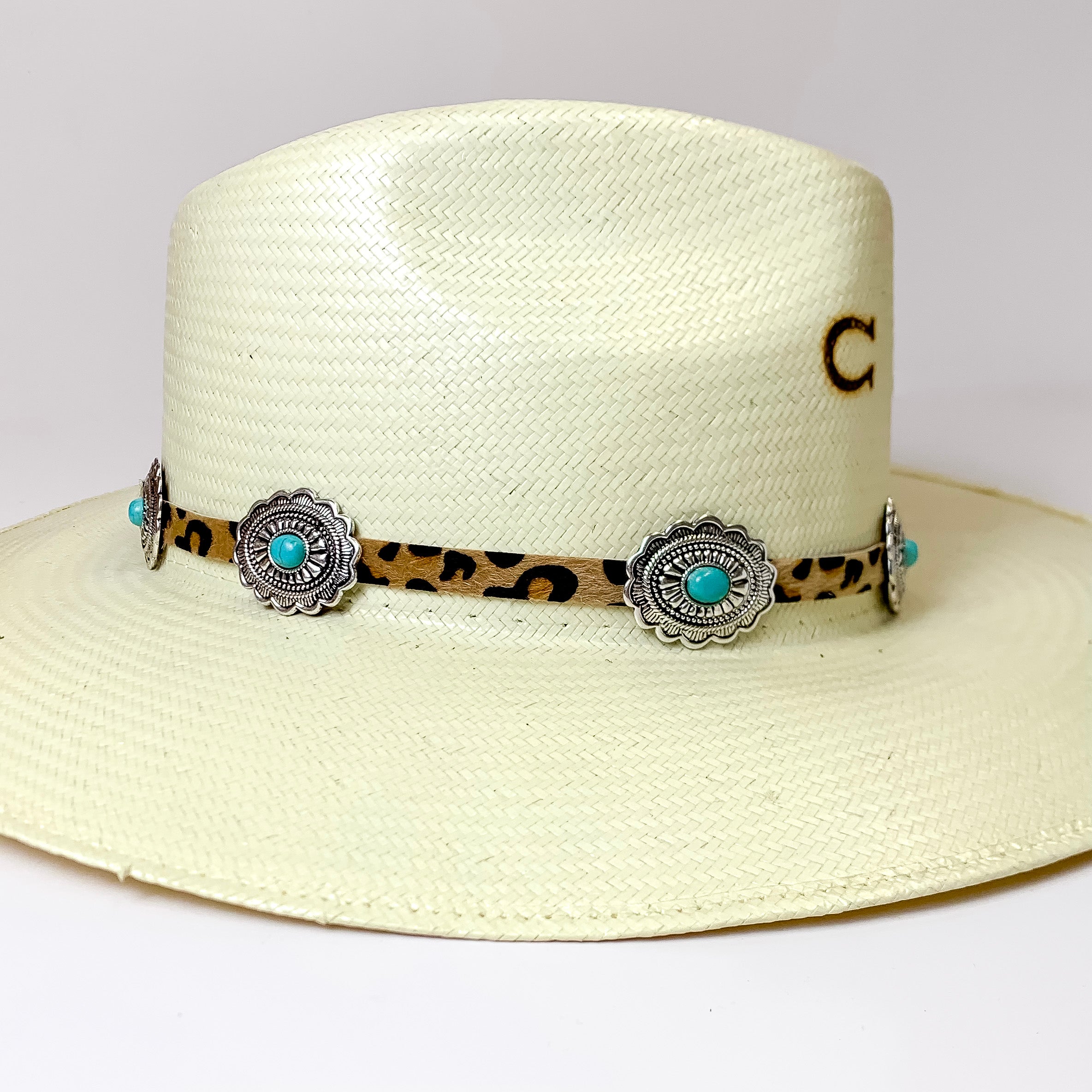 Leopard Print Hat Band with Silver Tone Conchos and Faux Turquoise Stones - Giddy Up Glamour Boutique