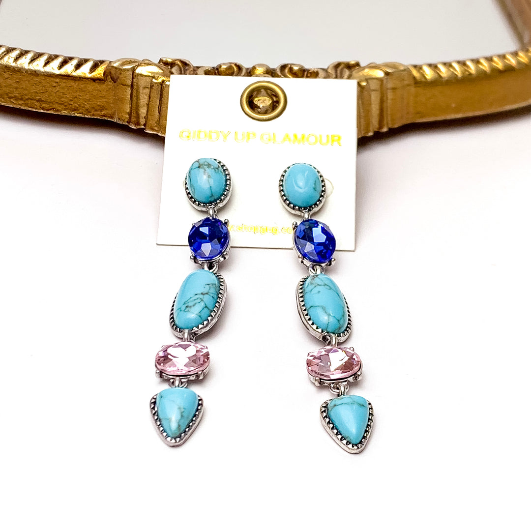 5 Tier Faux Turquoise Stone and Light Pink and Blue Crystal Dangle Earrings - Giddy Up Glamour Boutique