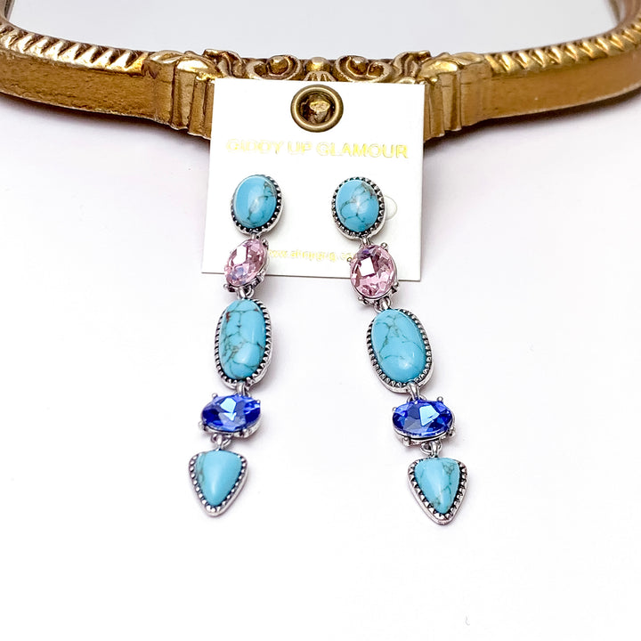 5 Tier Faux Turquoise Stone and Light Pink and Blue Crystal Dangle Earrings - Giddy Up Glamour Boutique