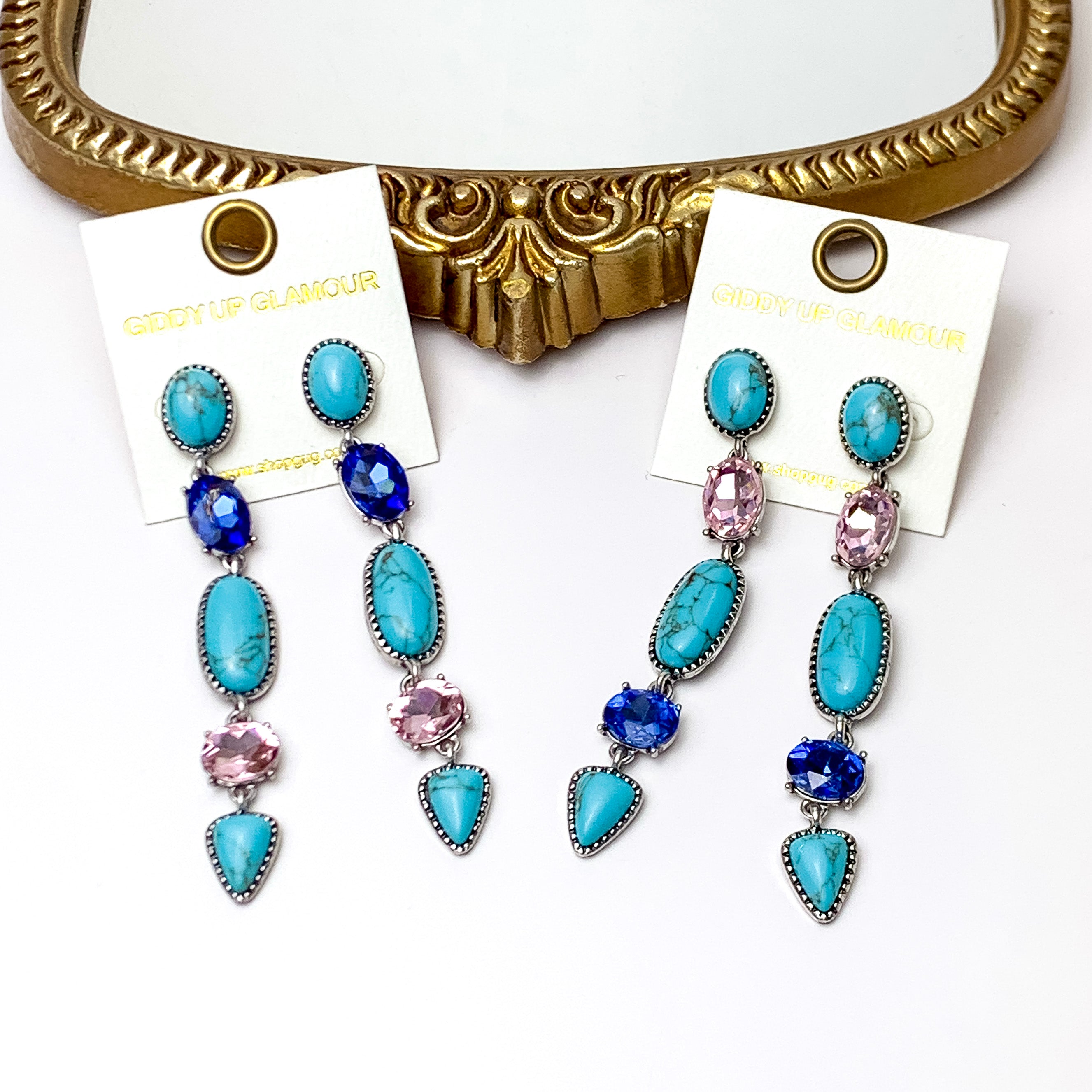 5 Tier Faux Turquoise Stone and Light Pink and Blue Crystal Dangle Earrings - Giddy Up Glamour Boutique